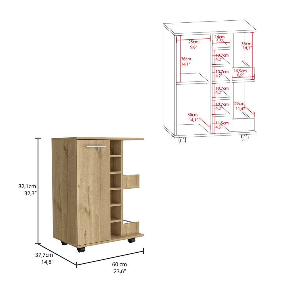 Bar Cart Wells, Four Casters, Six Wine Cubbies, Single Door Cabinet, Light Oak Finish