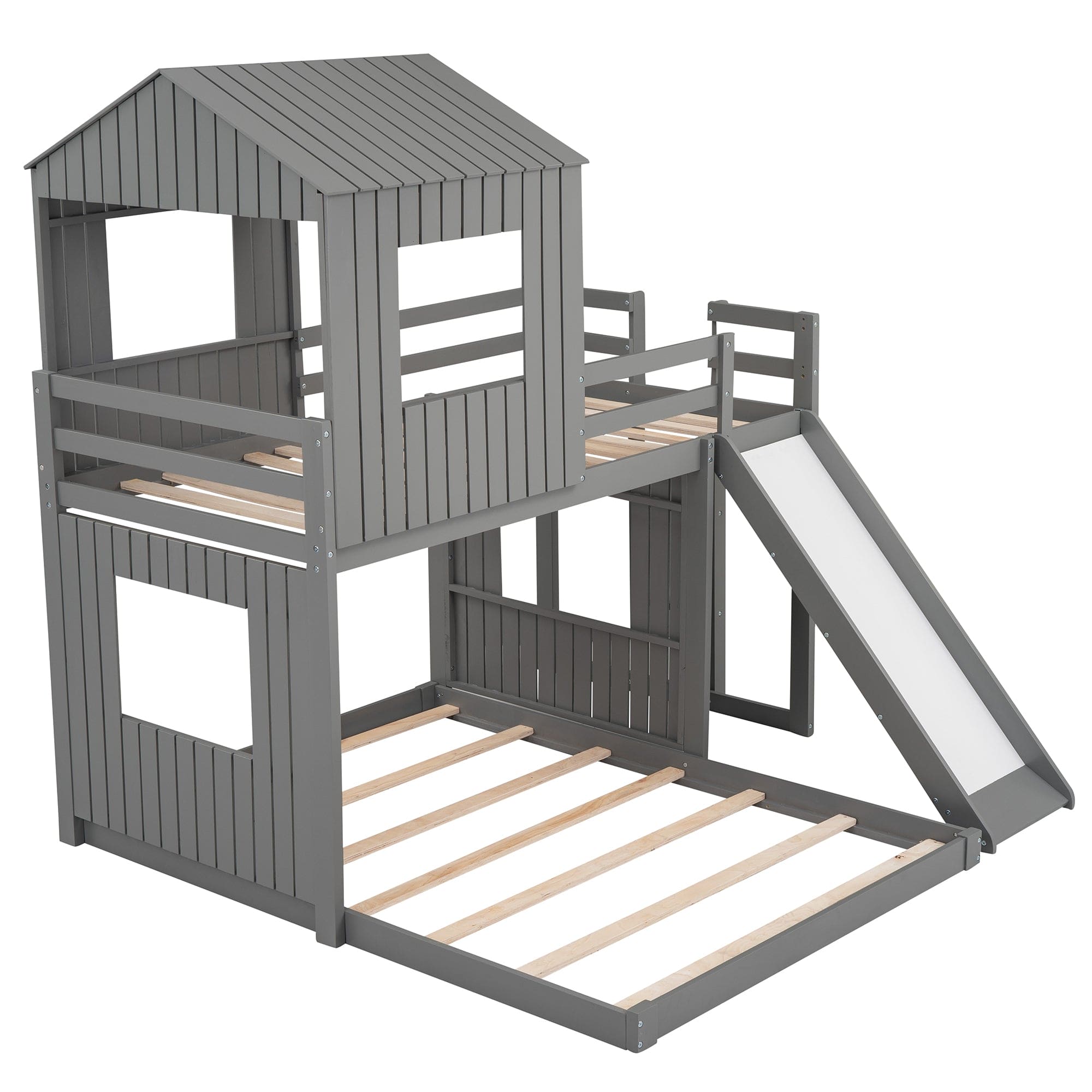 Wooden Twin Over Full Bunk Bed, Loft Bed with Playhouse, Farmhouse, Ladder, Slide and Guardrails, Gray(OLD SKU :LT000028AAN)