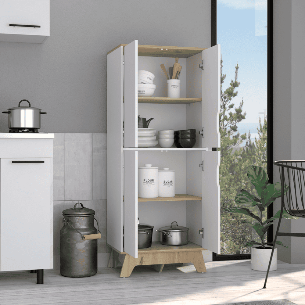 DEPOT E-SHOP Dahoon Double Kitchen Pantry Double Kitchen Pantry, Double Door Cabinet, Four Shelves, Light Oak / White