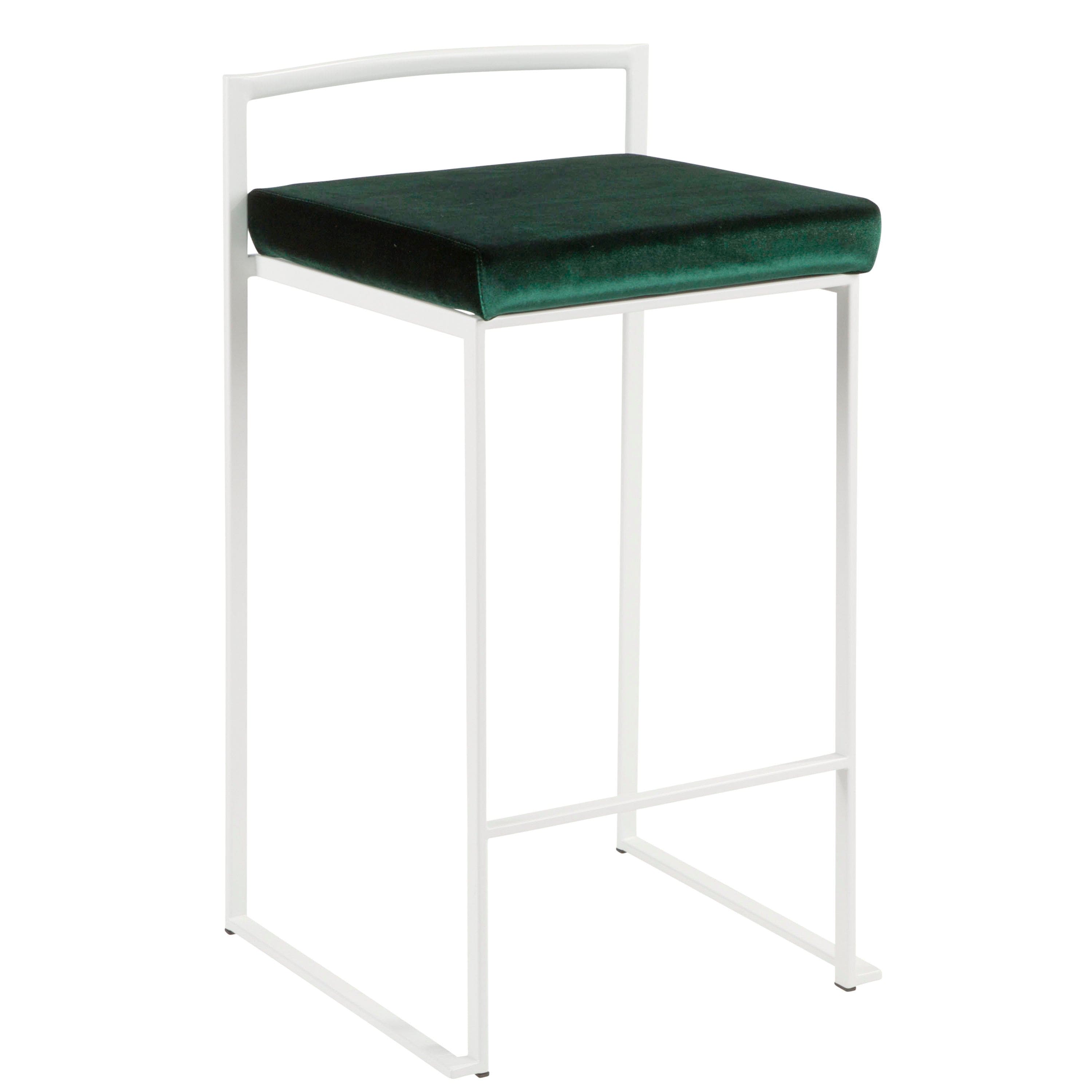 Fuji Contemporary Stackable Counter Stool in White with Green Velvet Cushion by LumiSource - Set of 2