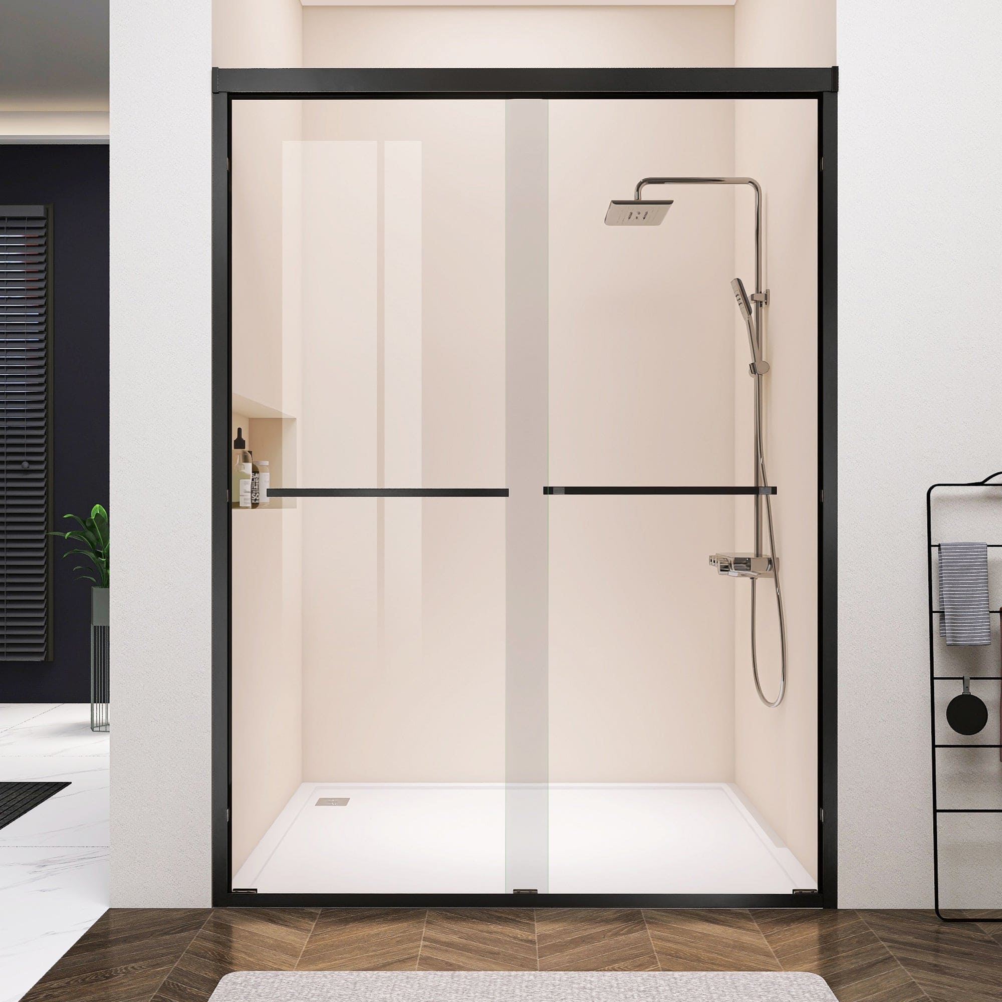 60 in. W x 76 in. HSliding Framed Shower Door in Black Finish with Clear Glass