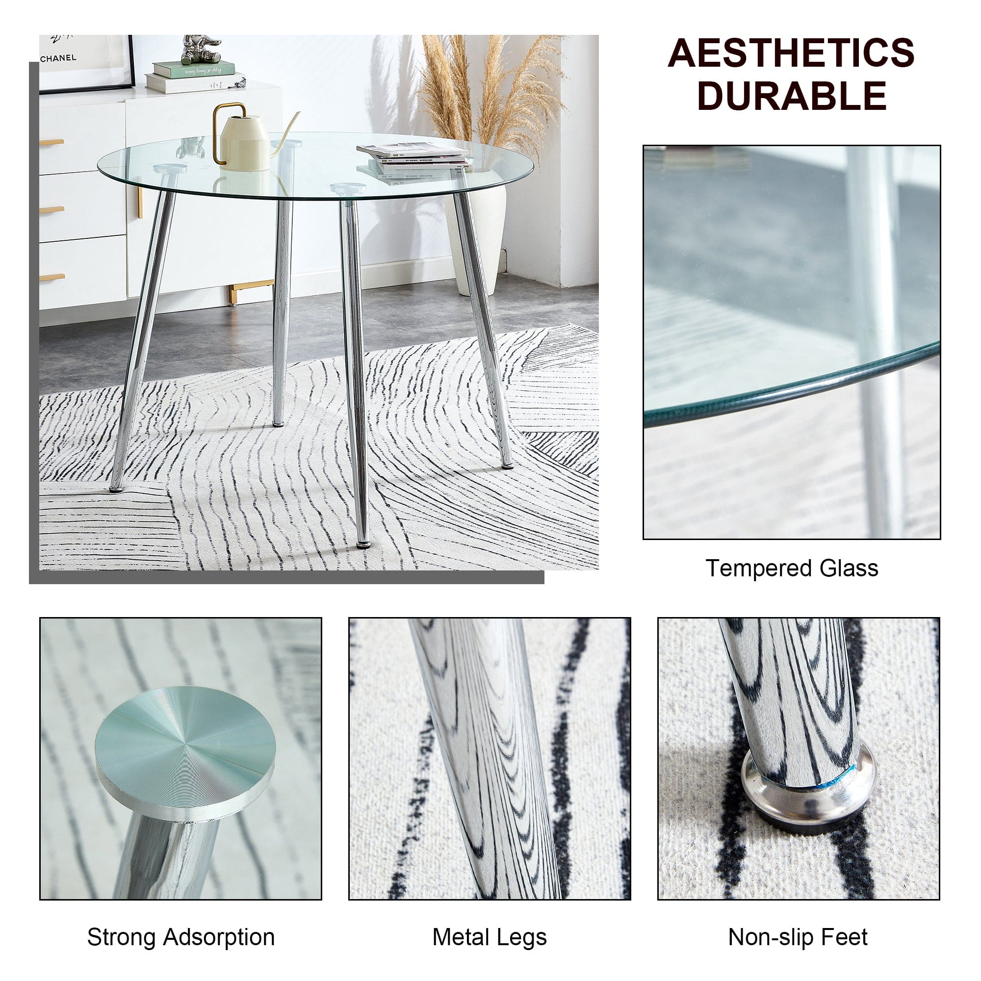 A glass tabletop with a diameter of 40 inches and a modern minimalist circular dining table with electroplated silver metal legs. Suitable for restaurants, living rooms, and conference rooms.DT-1164