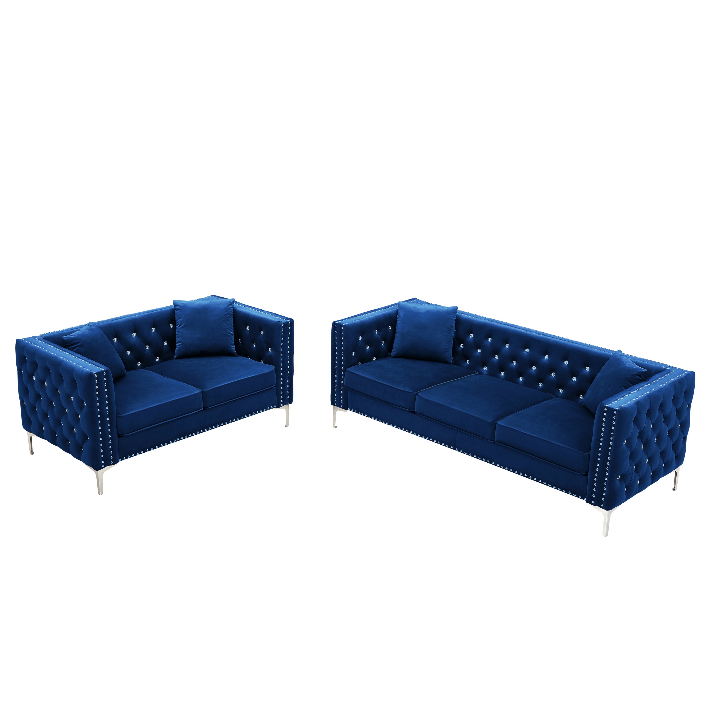 2 Piece Modern Velvet Living Room Set with Sofa and Loveseat,Jeweled Button Tufted Copper Nails Square Arms,4 Pillows Included,Blue