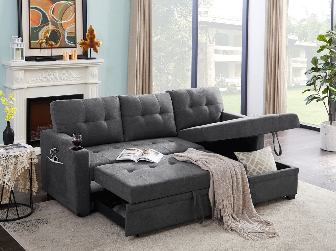 Mabel Dark Gray Woven Fabric Sleeper Sectional with cupholder, USB charging port and pocket