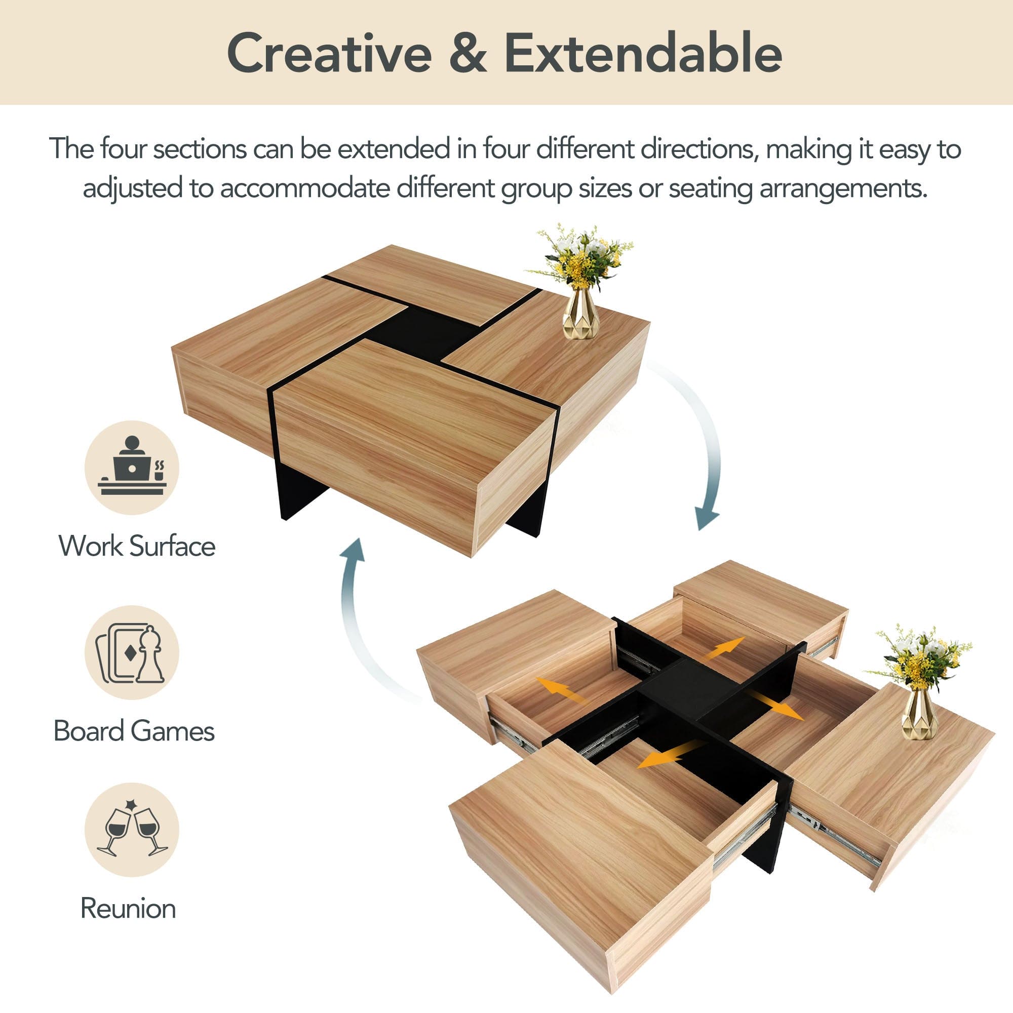 ON-TREND Unique Design Coffee Table with 4 Hidden Storage Compartments, Square Cocktail Table with Extendable Sliding Tabletop, UV High-gloss Design Center Table for Living Room, 31.5"x 31.5"