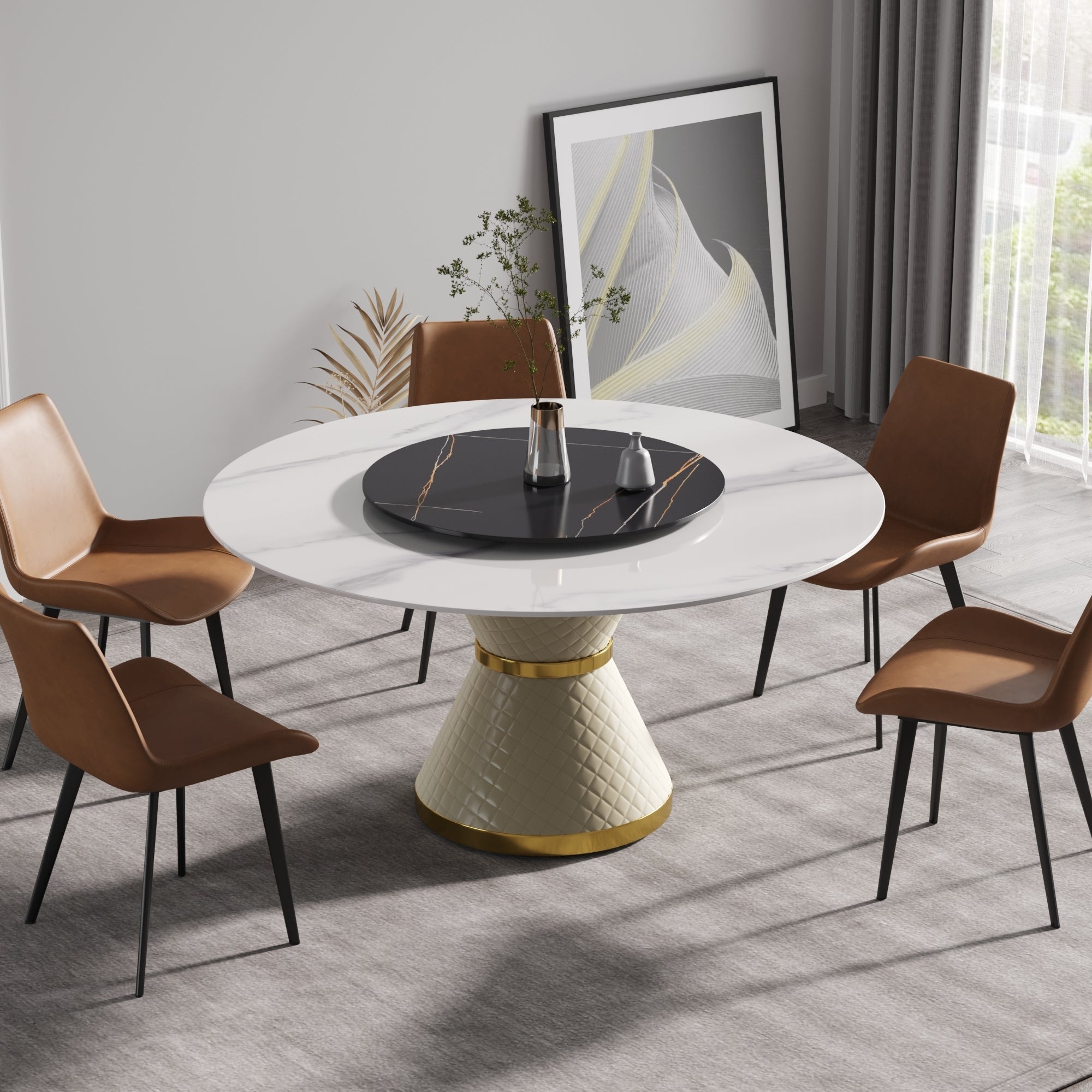 59.05"Modern artificial stone round white carbon steel base dining table-can accommodate 6 people-31.5"black artificial stone turntable