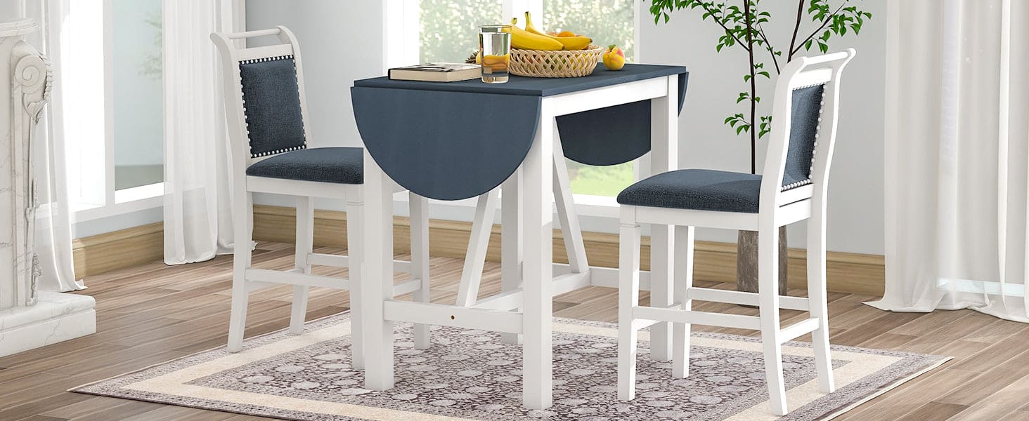 TOPMAX 3-Piece Wood Counter Height Drop Leaf  Dining Table Set with 2 Upholstered Dining Chairs for Small Place, White+Gray