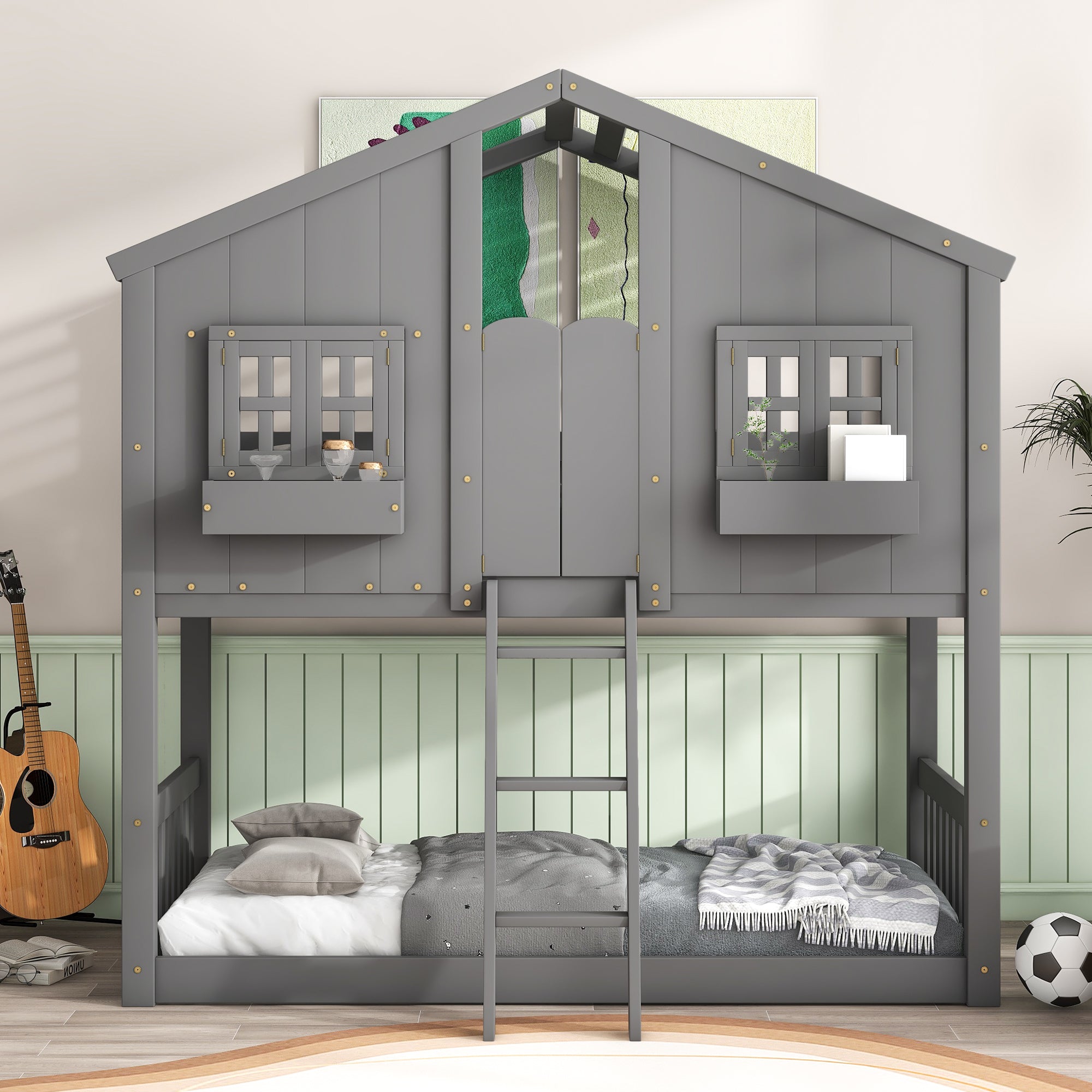 Twin over Twin House Bunk Bed with Roof , Window, Window  Box, Door , with Safety Guardrails and Ladder, Grey