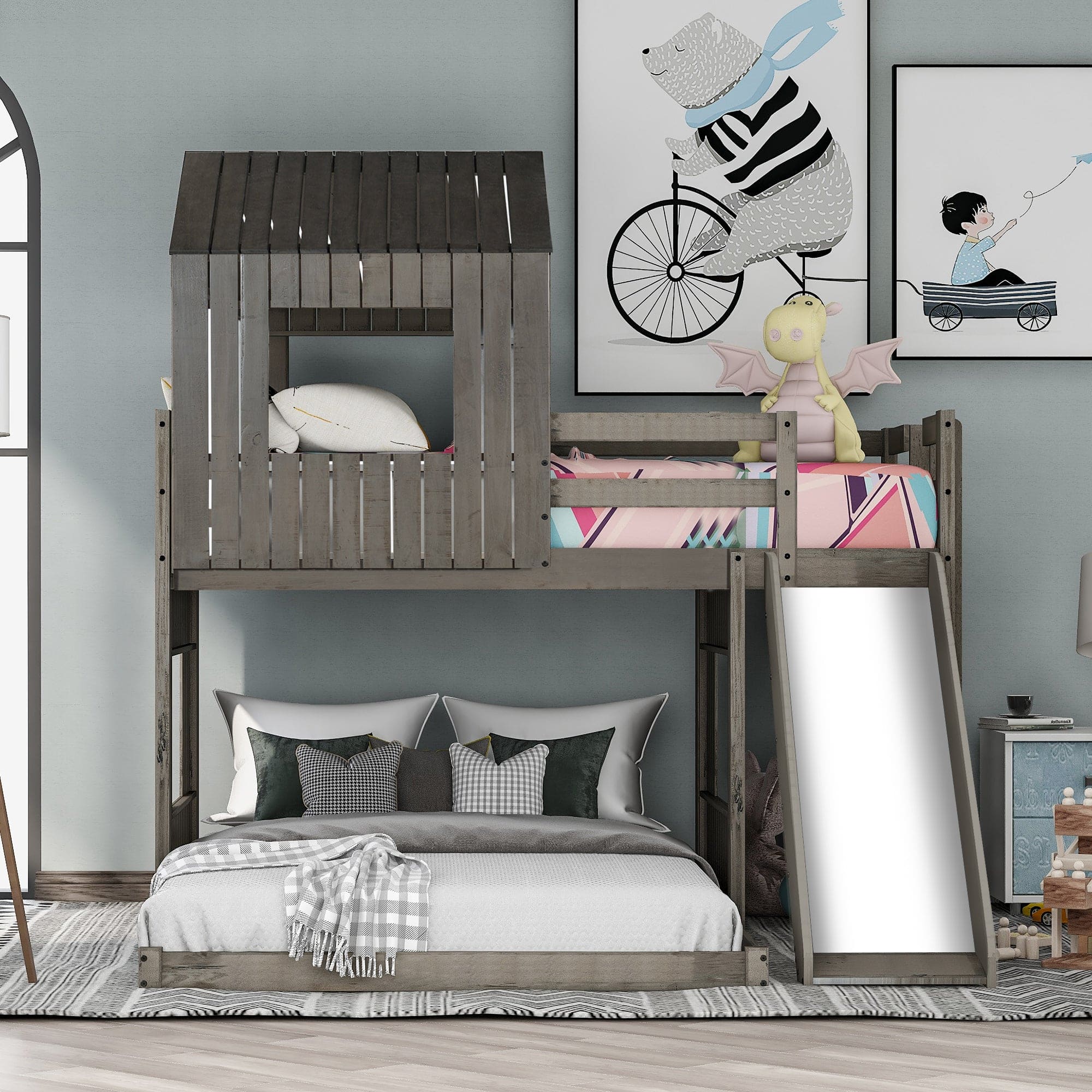 Wooden Twin Over Full Bunk Bed, Loft Bed with Playhouse, Farmhouse, Ladder, Slide and Guardrails, Antique Gray(OLD SKU :LT000028AAE)