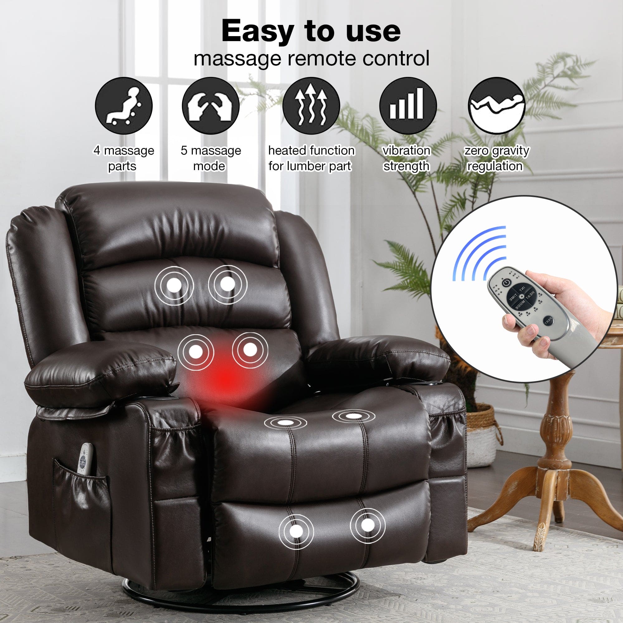 Massage Swivel Rocker Recliner Chair with Vibration Massage and Heat Ergonomic Lounge Chair for Living Room with Rocking Function and Side Pocket   2 Cup Holders USB Charge Port ,BROWN