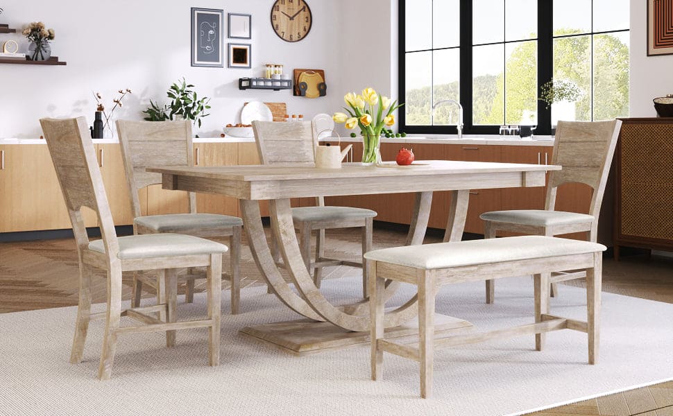 TOPMAX 6-Piece Wood Half Round Dining Table Set Kitchen Table Set with Long Bench and 4 Dining Chairs, Modern Style, Natural