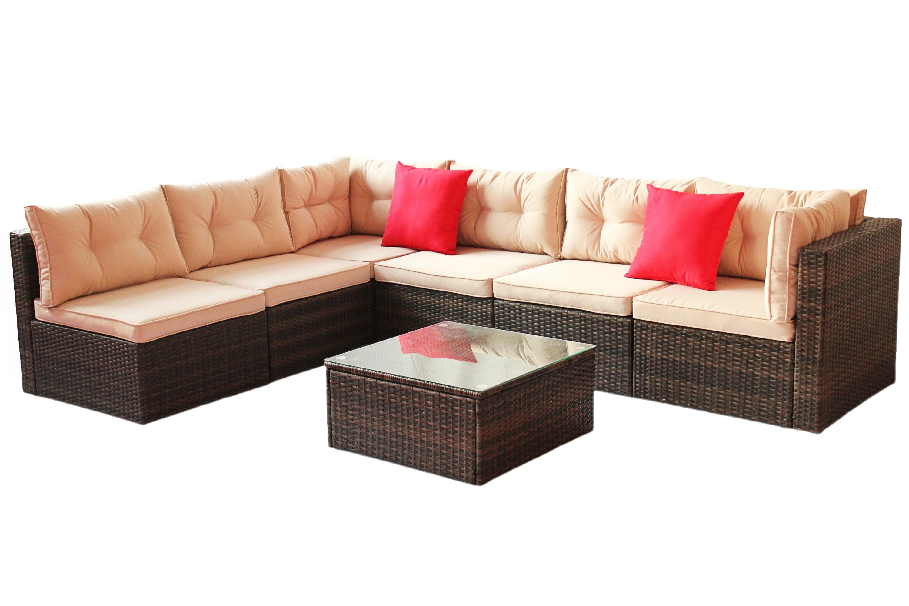 Patio Furniture Set PE Rattan Sectional Garden Furniture Corner Sofa Set (7 Pieces, Shallow brownCushion)