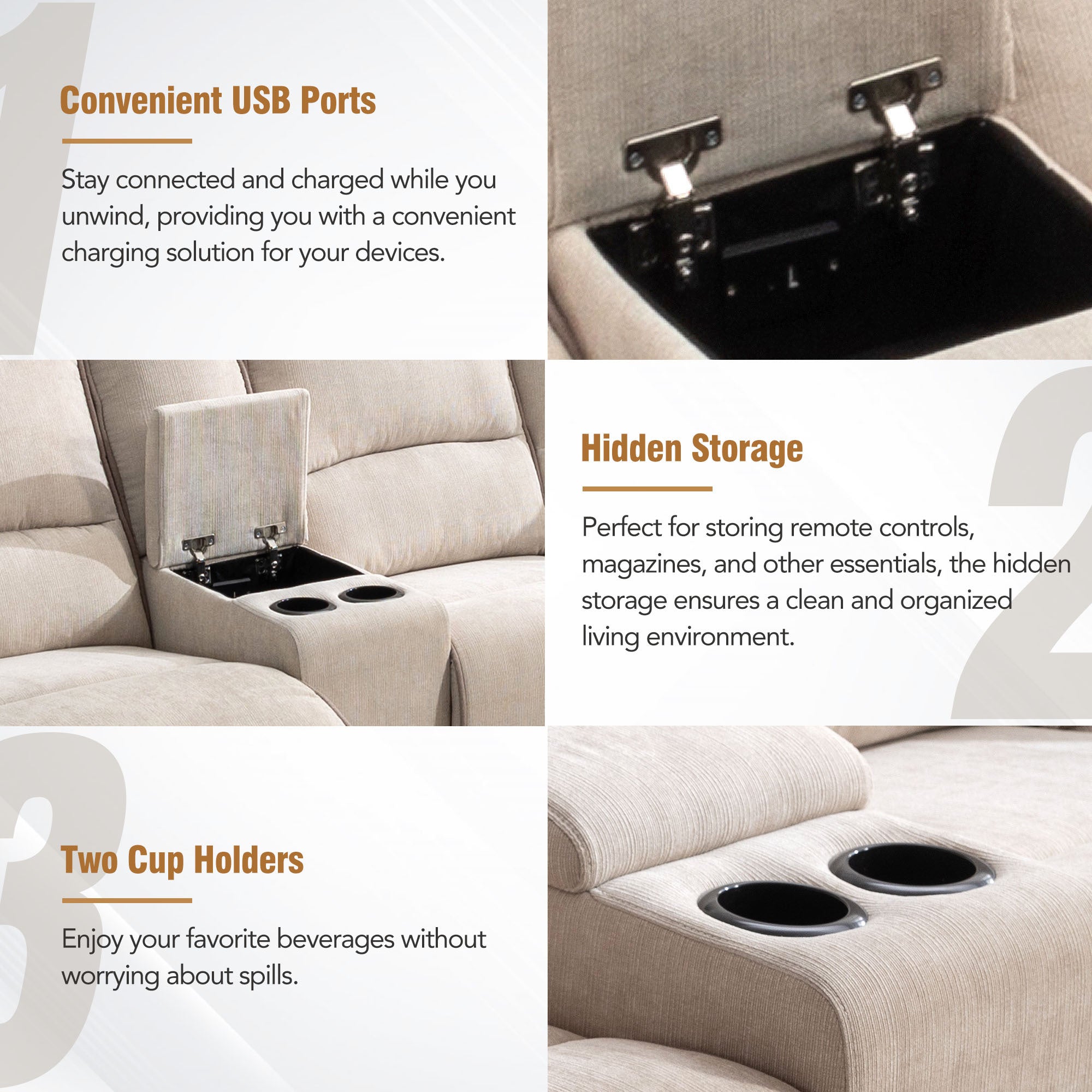 94.8" Modern Manual Reclining Living Room Furniture Set with USB Ports, Hidden Storage, LED Light Strip and 2 Cup Holders, Cream