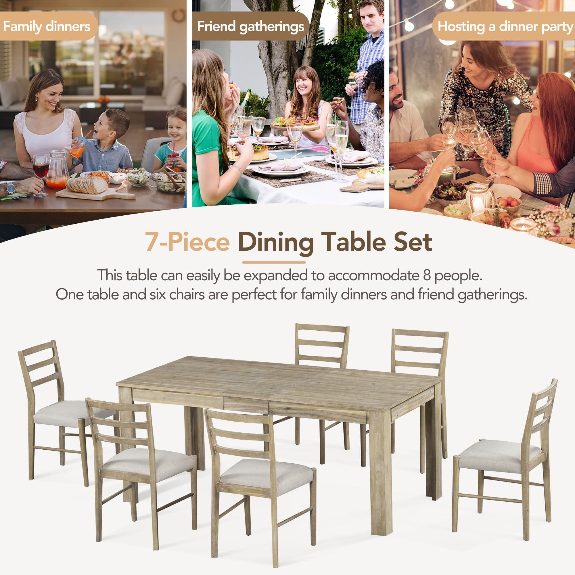 TREXM 7-Piece Wooden Dining Table Set Mutifunctional Extendable Table with 12" Leaf and 2 Drawers, 6 Dining Chairs with Soft Cushion (Natural Wood Wash)