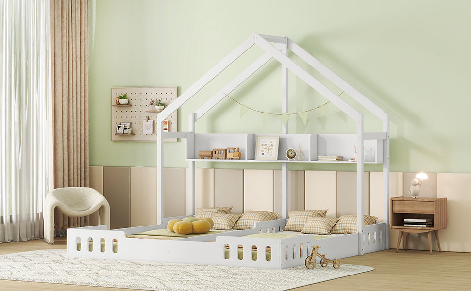 Wood Twin Size House Platform Beds,Two Shared Beds with Shelves and Guardrail, Creamy White