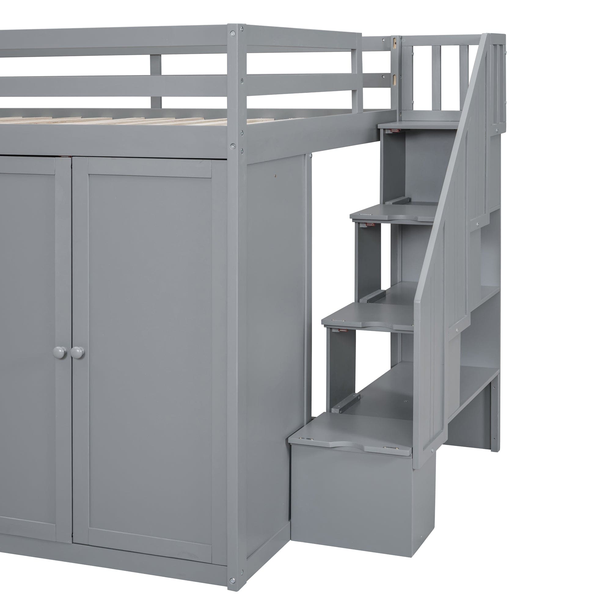 Full Size Wood Loft Bed With Built-in Wardrobes, Cabinets and Drawers, Gray