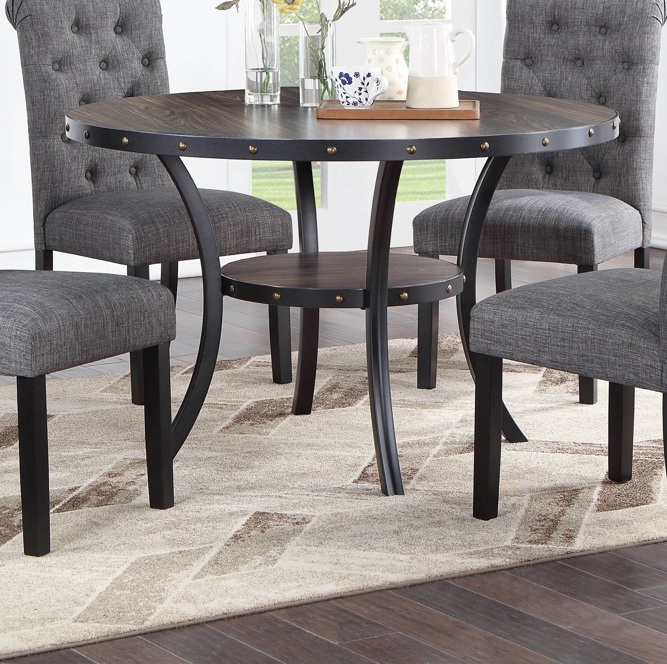 Modern Classic Dining Room Furniture Natural Wood Round Dining Table 4x Side Chairs Charcoal Fabric Tufted Roll Back Top Chair Nail heads Trim Storage Shelve 5pc Dining Set