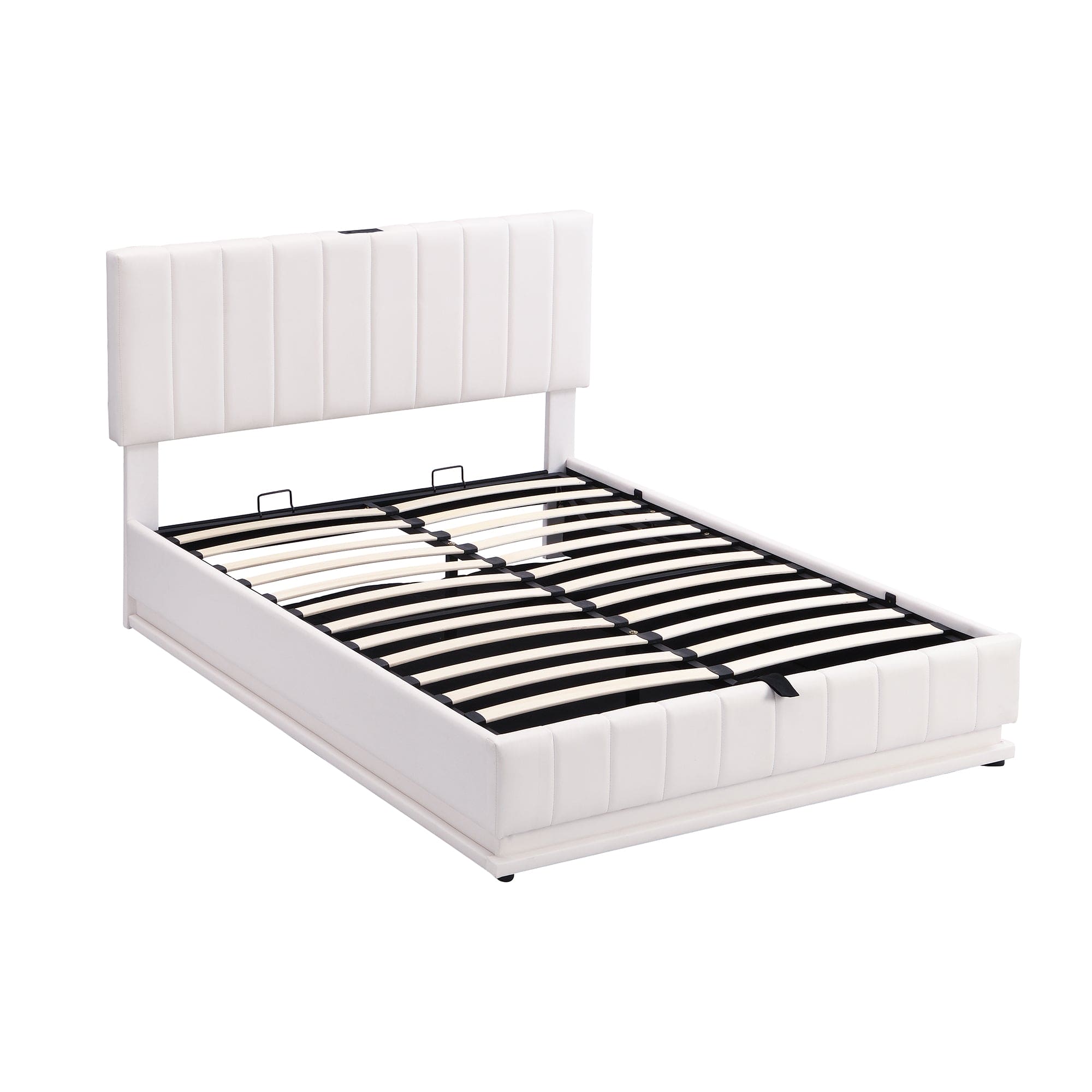 Full Size Upholstered Bed with Hydraulic Storage System and LED Light, Modern Platform Bed with Sockets and USB Ports, White