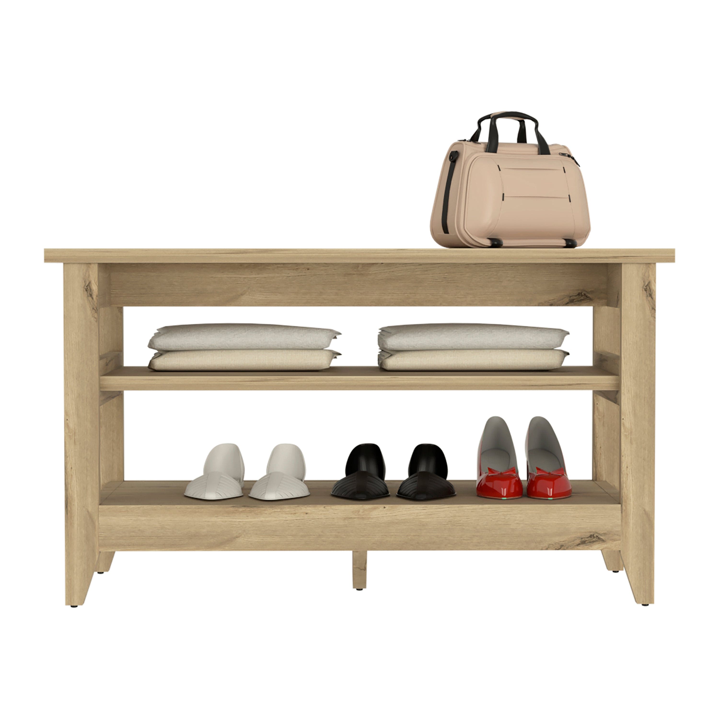 Storage Bench Susho, Upper and Lower Shelf, Light Oak Finish