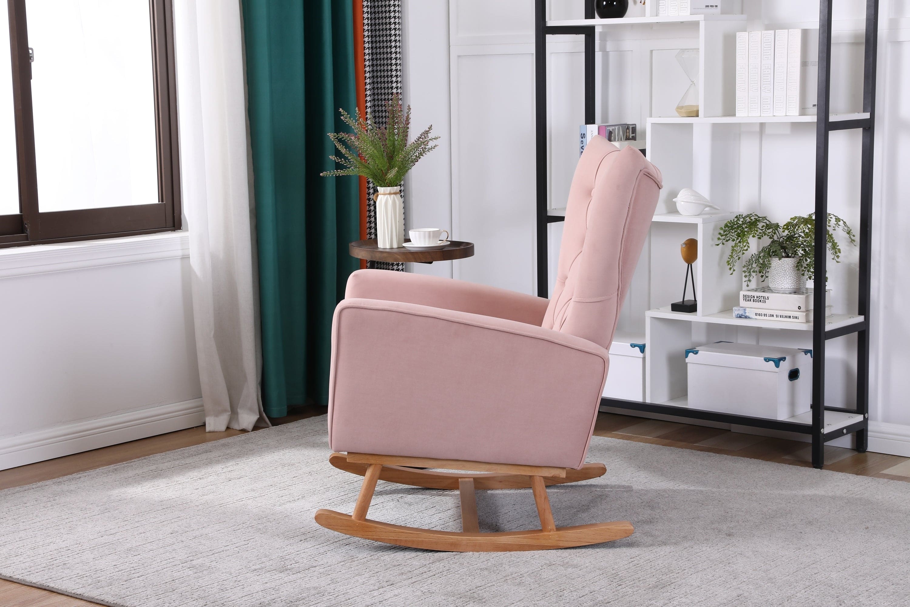 Baby Room High Back Rocking Chair Nursery Chair , Comfortable Rocker Fabric Padded Seat ,Modern High Back Armchair