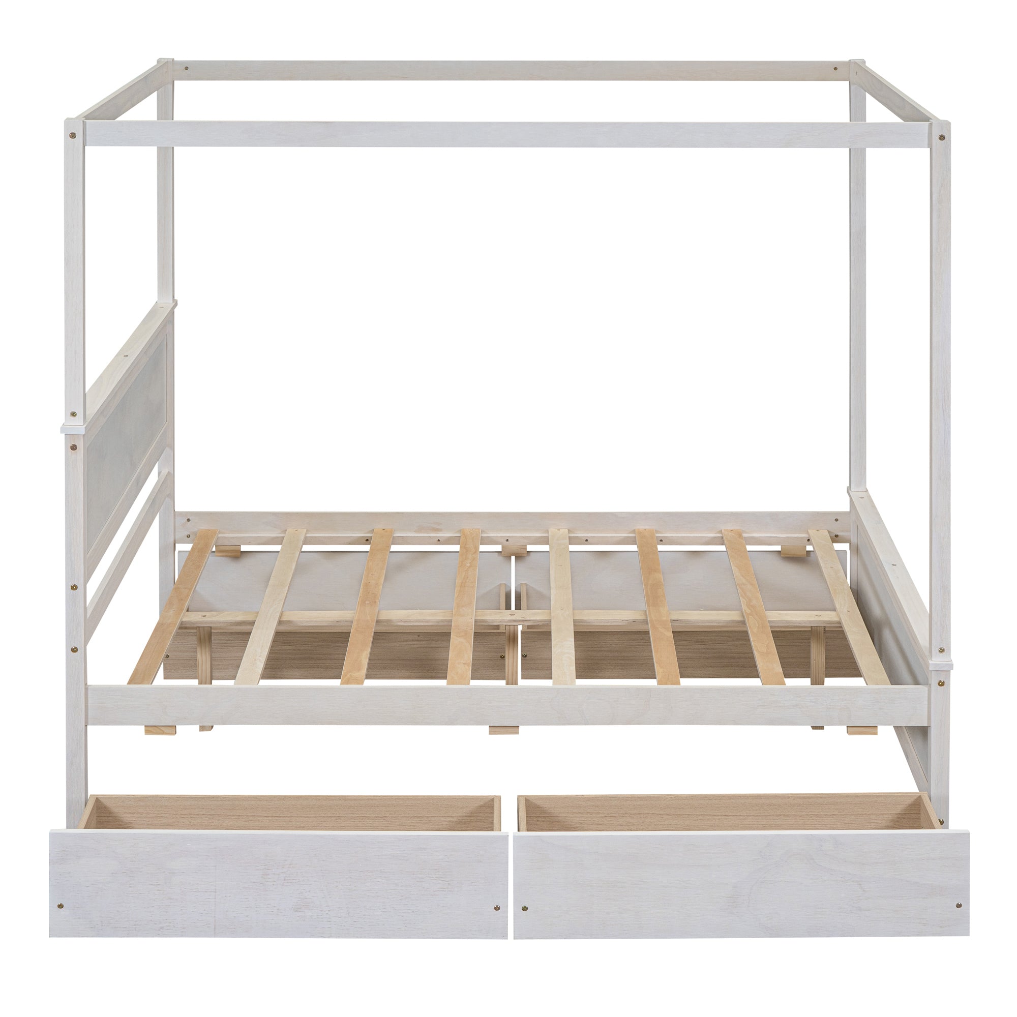 Wood Canopy Bed with four Drawers ,Full Size Canopy Platform Bed With Support Slats .No Box Spring Needed, Brushed White