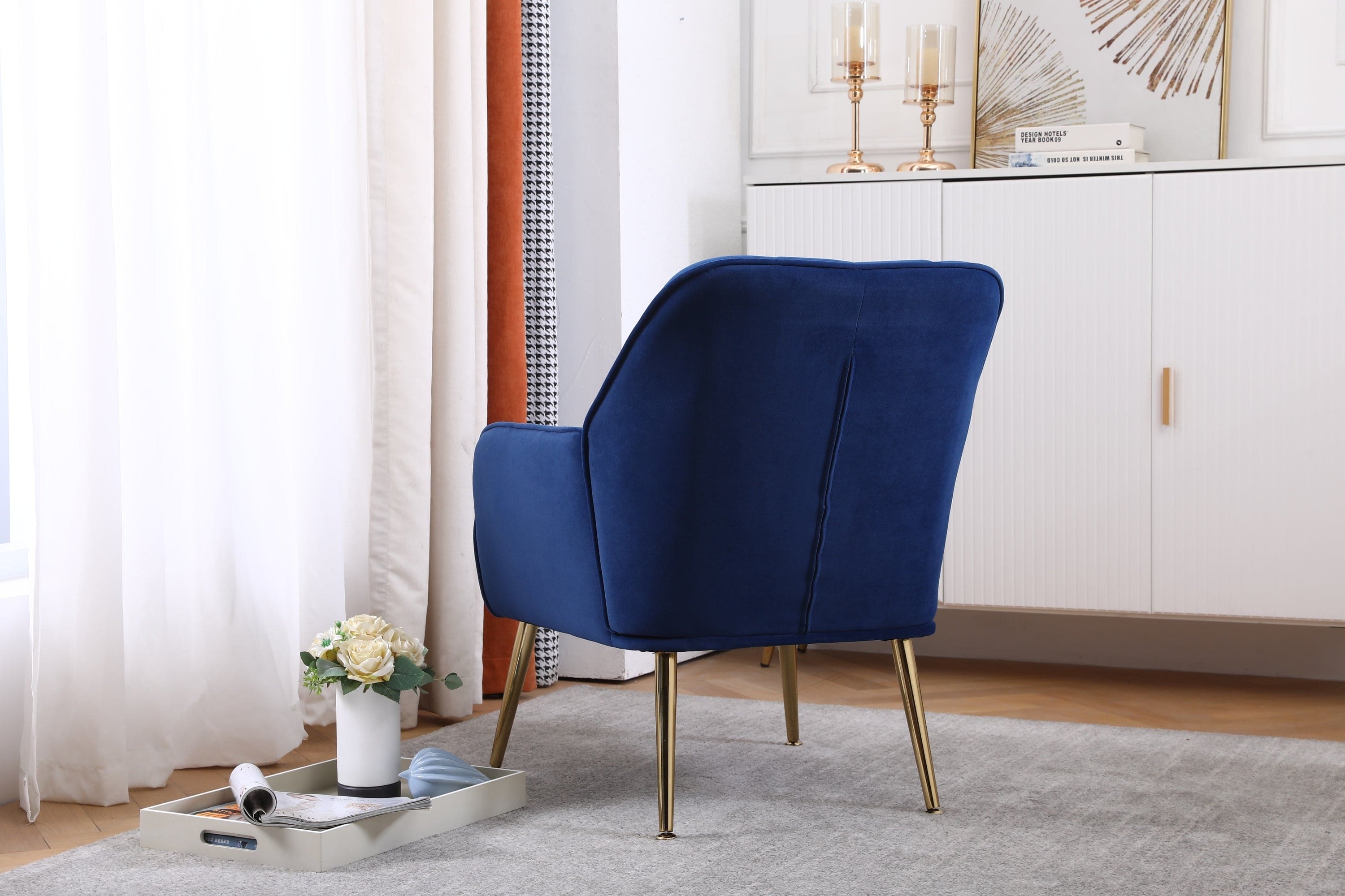 Modern Mid Century Chair velvet  Sherpa Armchair for Living Room Bedroom Office Easy Assemble(NAVY)