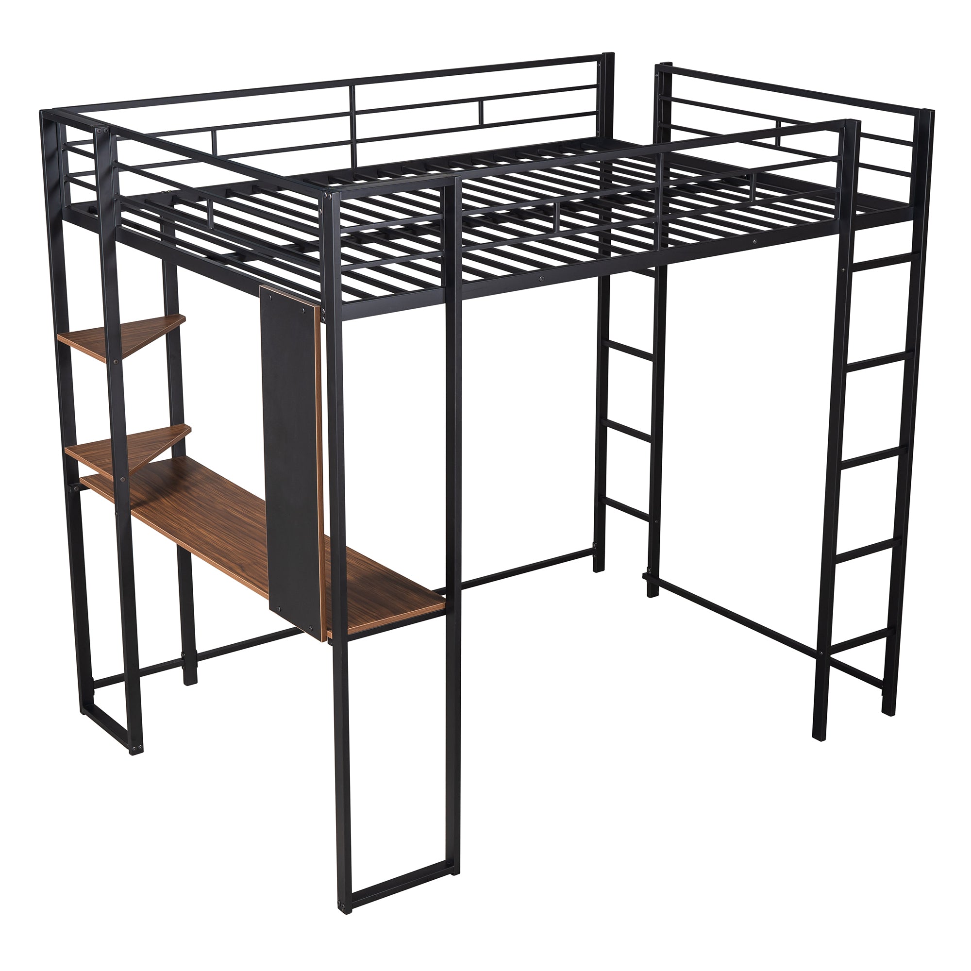 Full Size Metal Loft Bed with 2 Shelves and one Desk ,Black (Old SKU: LP000191AAB )