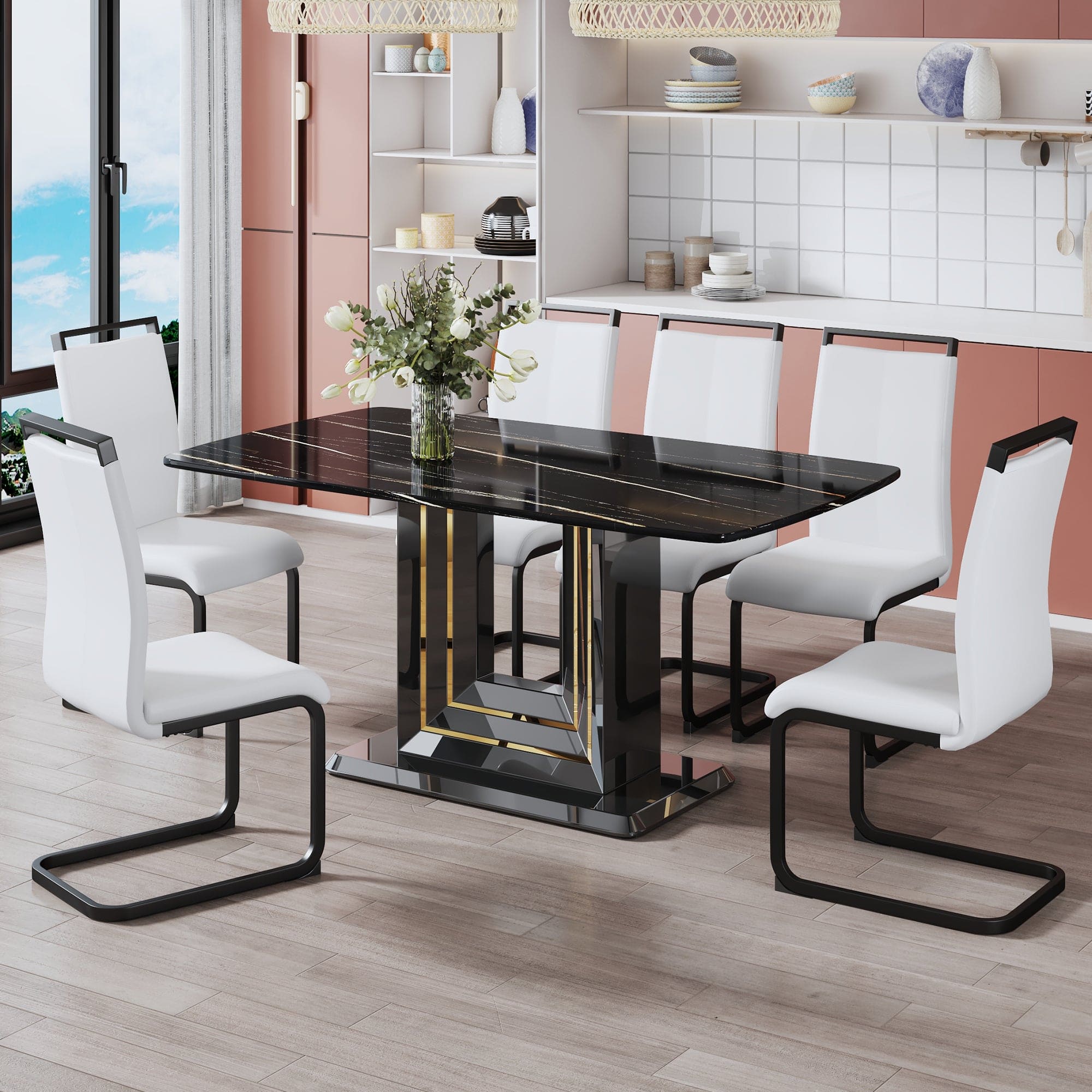 A table and six chairs. The table features a black imitation marble pattern tabletop and black gold MDF legs. The chair has a white PU backrest cushion and black metal legs. F-SQ  C-1162