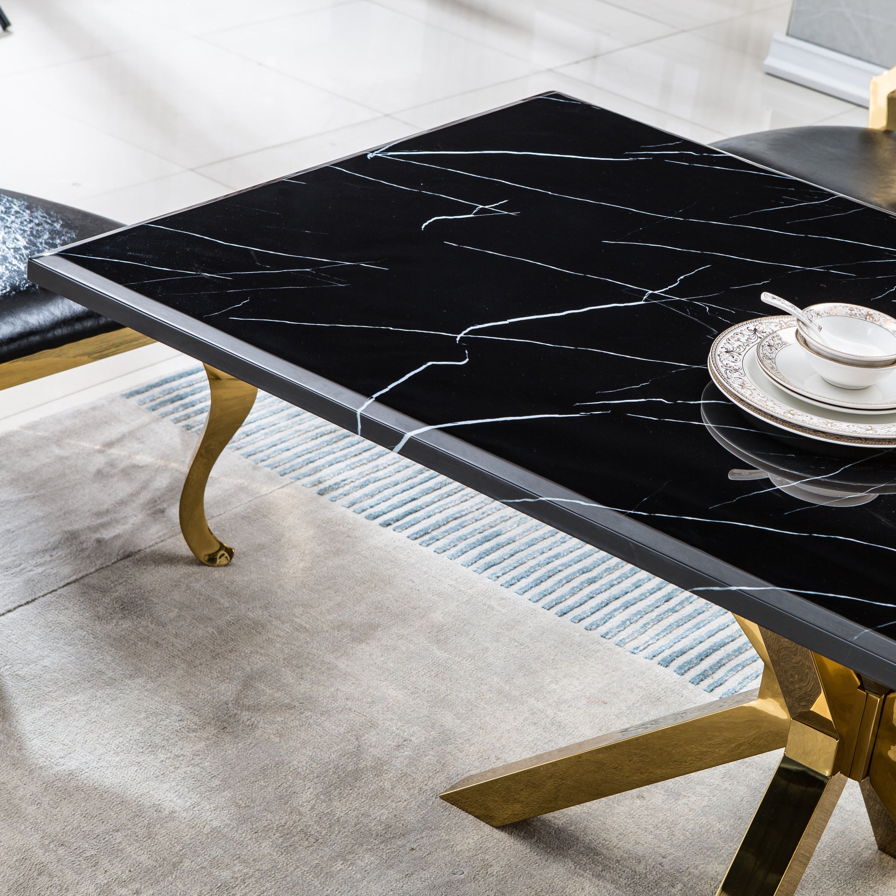 Modern Rectangular Marble Table for Dining Room/Kitchen, 1.02" Thick Marble Top, Gold Finish Stainless Steel Base, Size:79"Lx39"Dx30"H(Not Including Chairs)