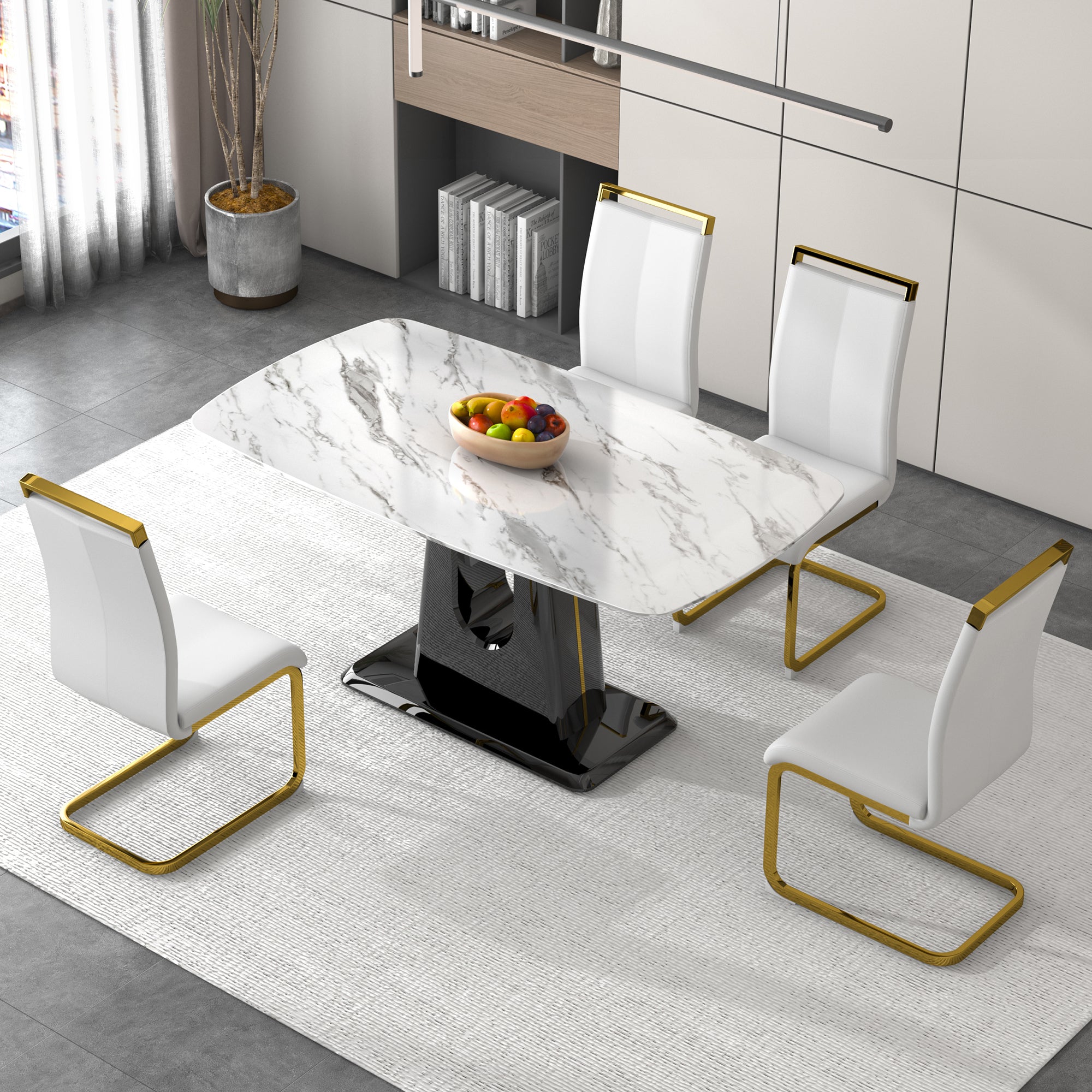 A modern, minimalist, and luxurious dining table with a white imitation marble tabletop and MDF legs with U-shaped brackets. Tables in restaurants and living rooms 63"*35.4"*30  F-U