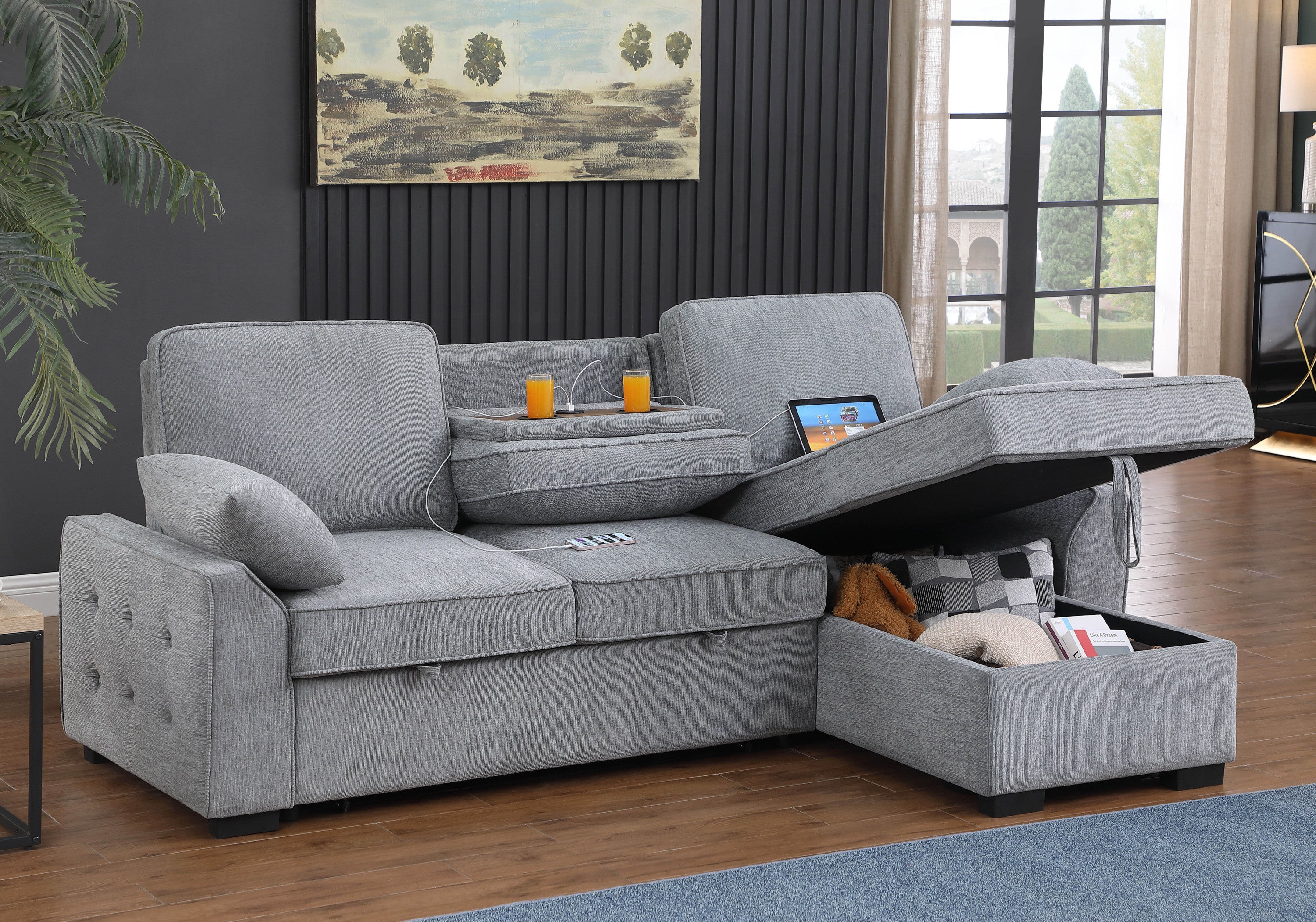 Mackenzie Light  Gray Chenille Fabric Reversible Sleeper Sectional with Storage Chaise, Drop-Down Table, Cup Holders and Charging Ports