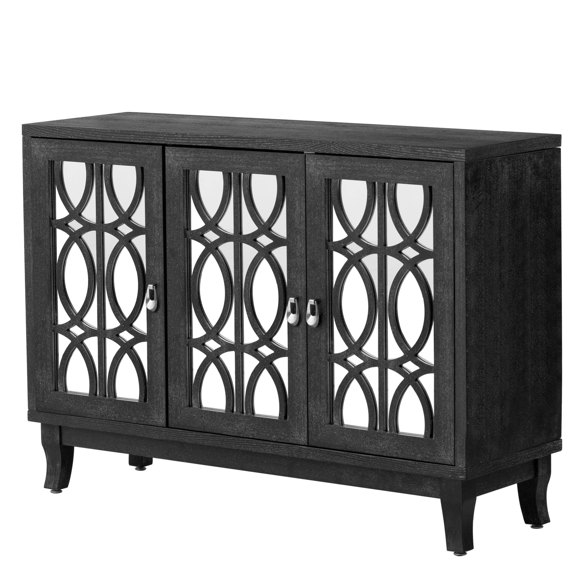 TREXM Sideboard with Glass Doors, 3 Door Mirrored Buffet Cabinet with Silver Handle for Living Room, Hallway, Dining Room (Black)