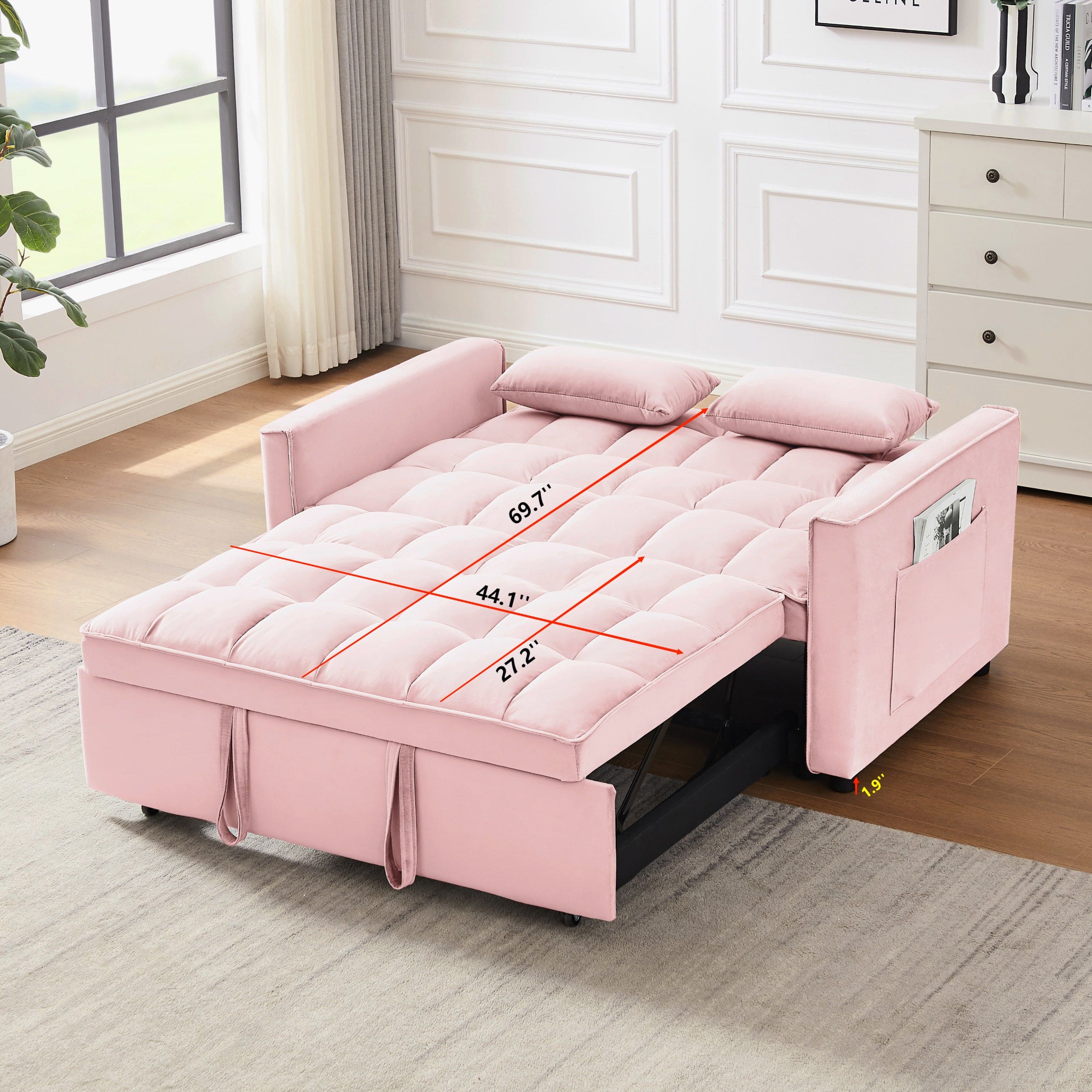 Modern Velvet Loveseat Futon Sofa Couch w/Pullout Bed, Small Love Seat Lounge Sofa w/Reclining Backrest, Toss Pillows, Pockets, Furniture for Living Room,3 in 1 Convertible Sleeper Sofa Bed,  pink