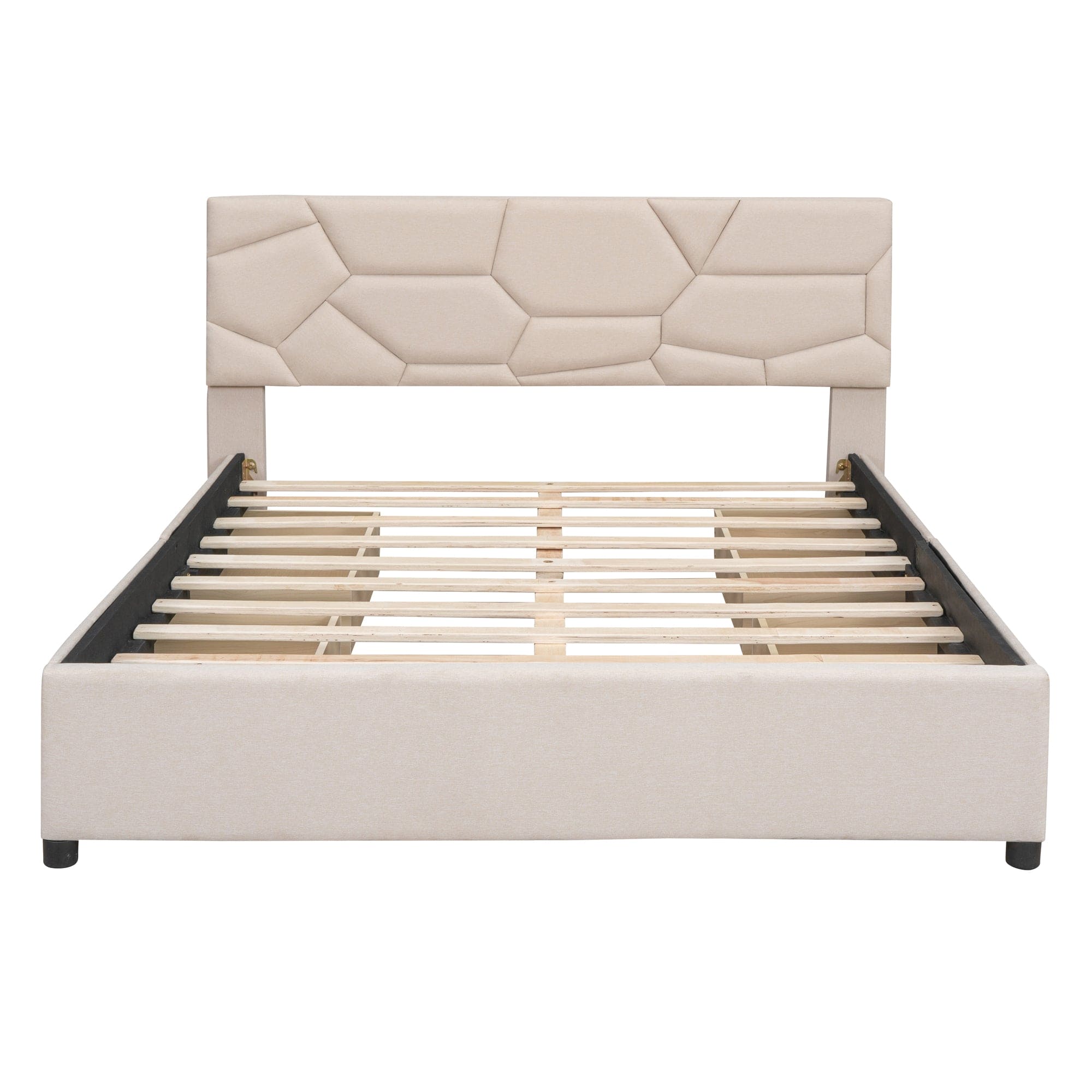 Queen Size Upholstered Platform Bed with Brick Pattern Headboard and 4 Drawers, Linen Fabric, Beige