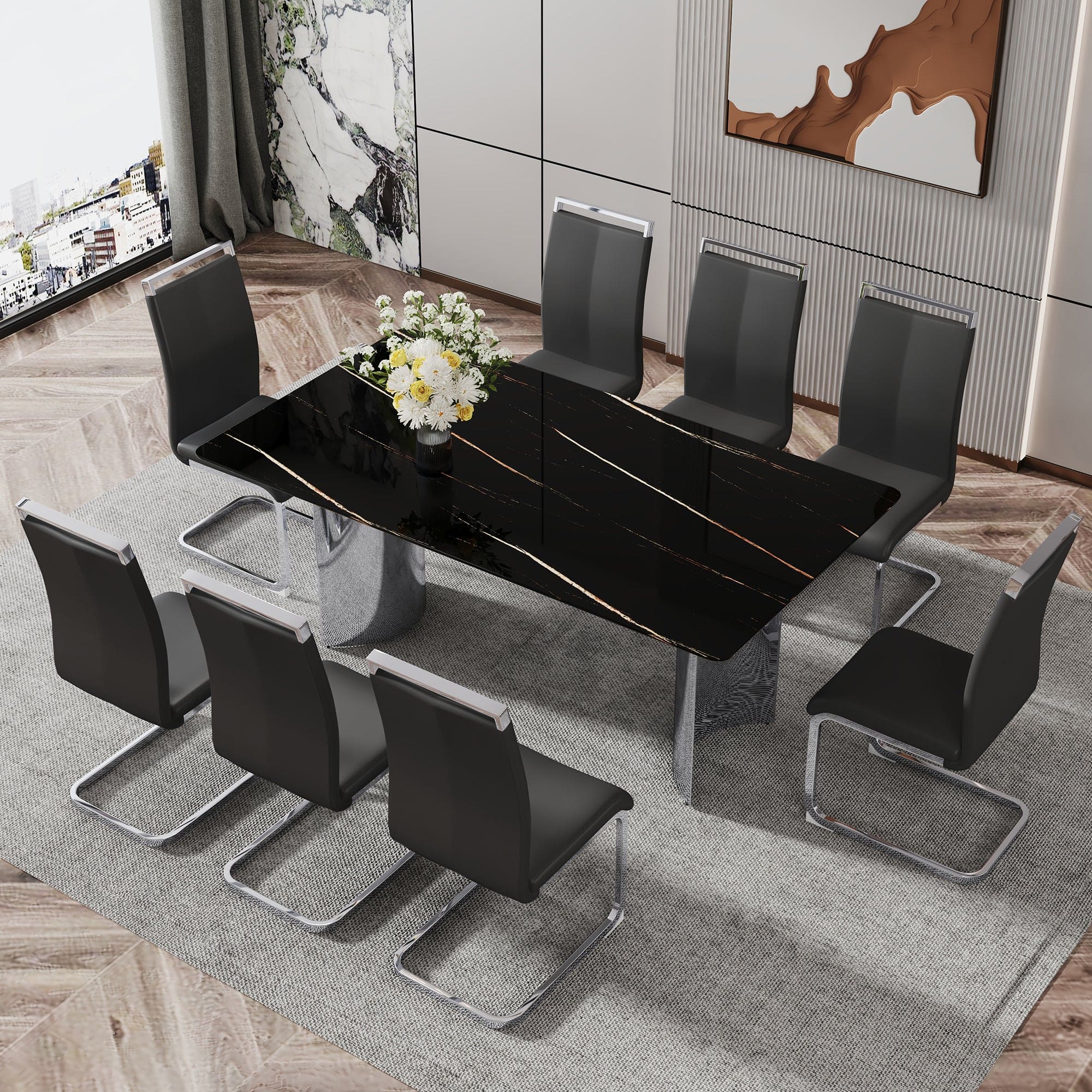 Modern minimalist dining table. The black imitation marble glass desktop is equipped with silver metal legs. Suitable for restaurants and living rooms 71 "* 39.3" * 29.5 "DT-69