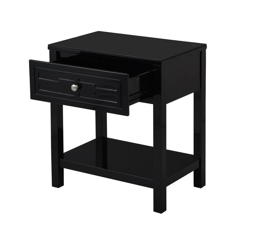 Dylan Black Wooden End Side Table Nightstand with Glass Top and Drawer