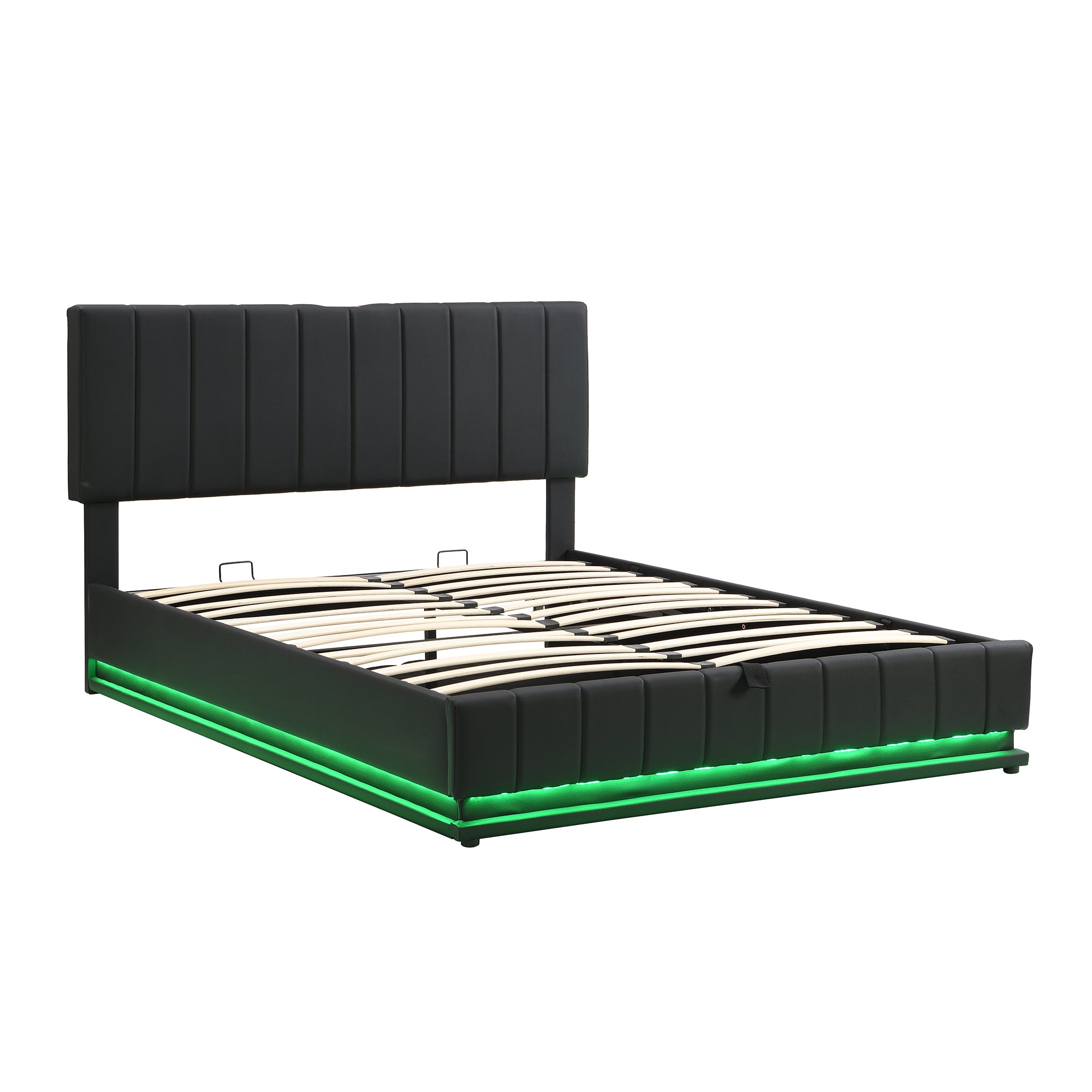 Queen Size Upholstered Bed with Hydraulic Storage System and LED Light, Modern Platform Bed with Sockets and USB Ports, Black