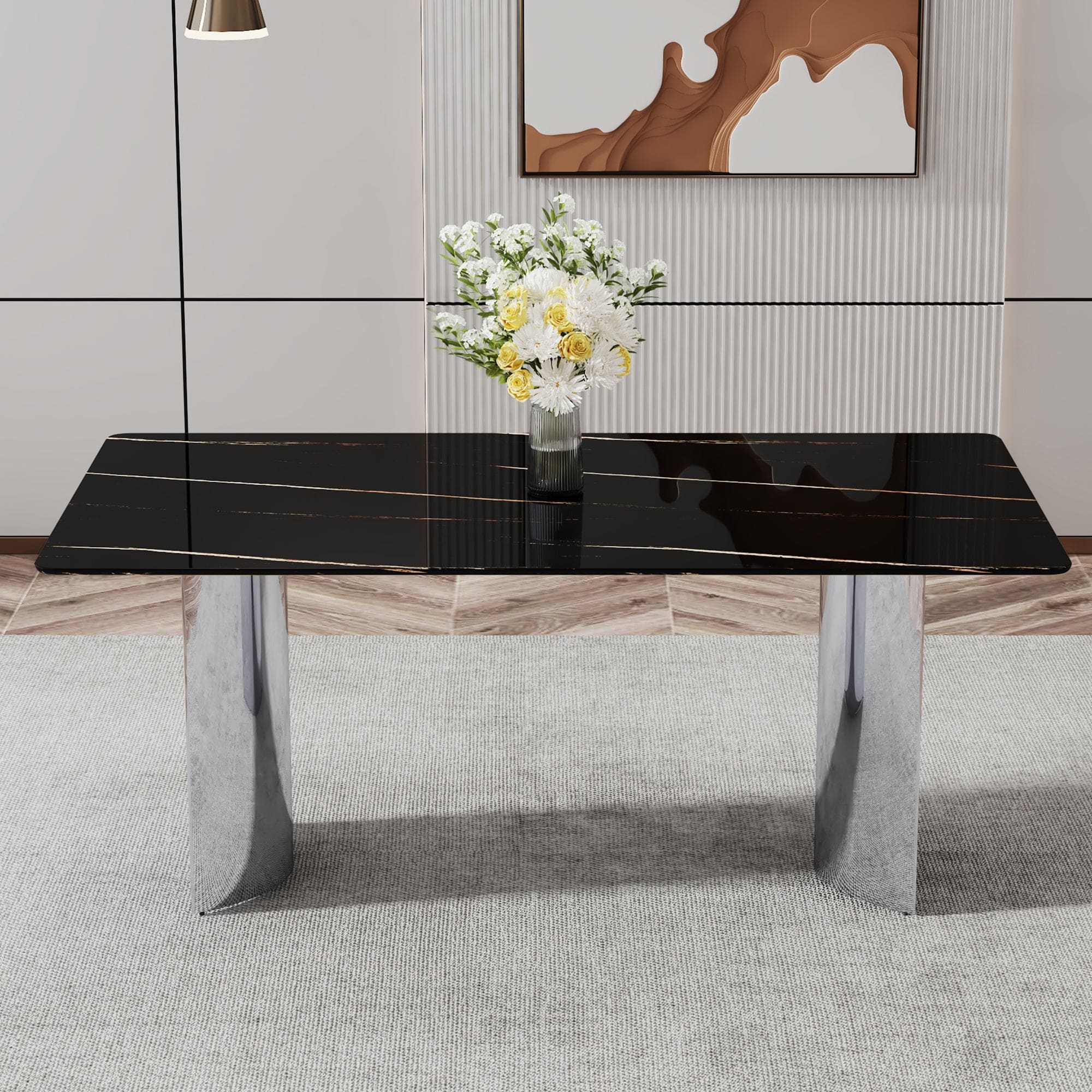 Modern minimalist dining table. The black imitation marble glass desktop is equipped with silver metal legs. Suitable for restaurants and living rooms 71 "* 39.3" * 29.5 "DT-69