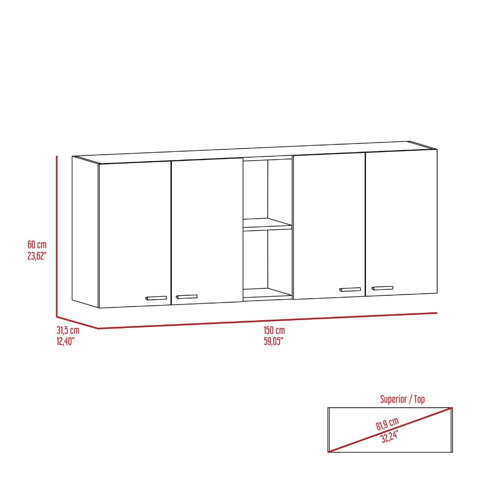 Sierra 7-Shelf 4-Door 2-piece Kitchen Set, Upper Wall Cabinet and Kitchen Island White and Walnut