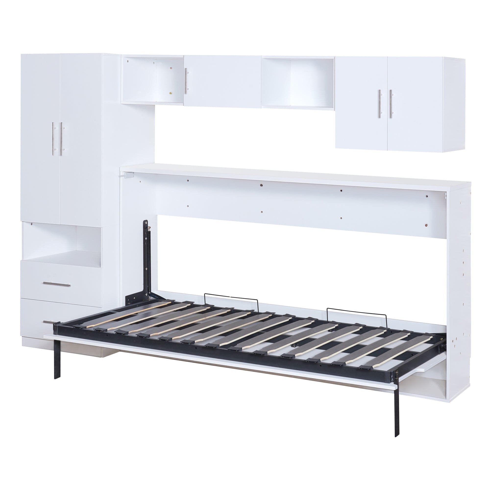 Twin Size Murphy Bed with Open Shelves and Storage Drawers,Built-in Wardrobe and Table, White