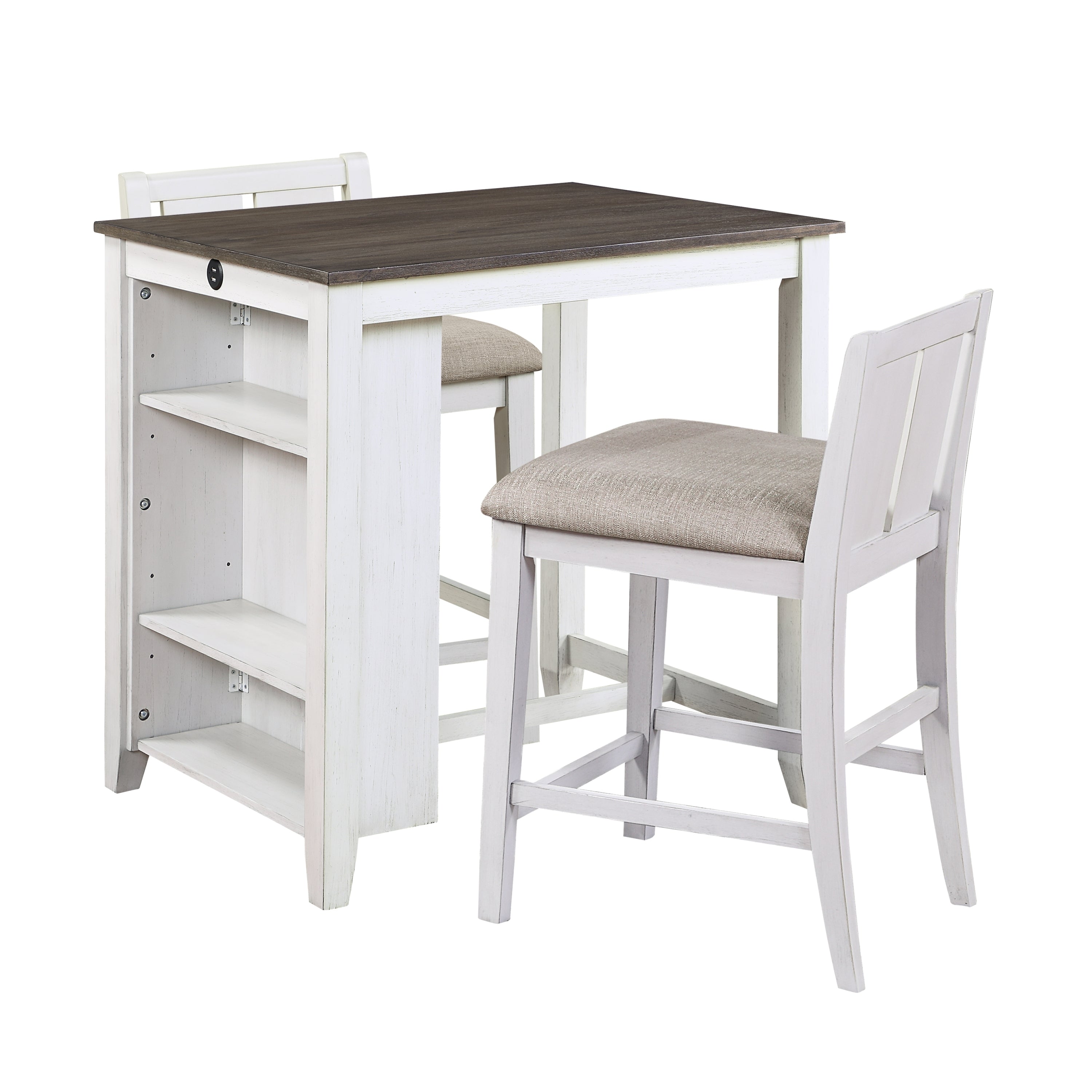 Transitional Design White and Gray Finish 3-piece Pack Counter Height Set Table w Display Shelf USB ports and 2x Counter Height Chairs Fabric Upholstered Dining Furniture