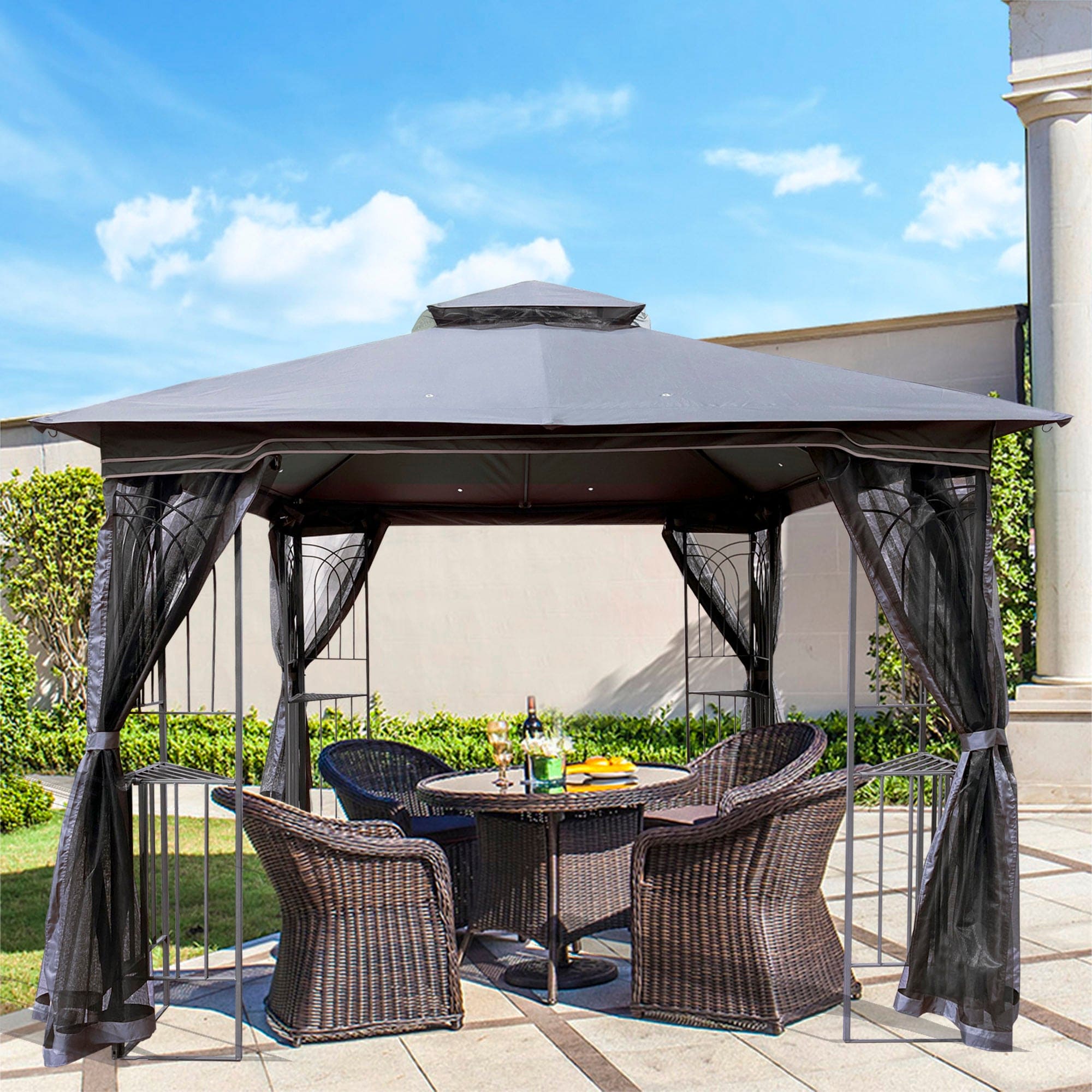 10x10 Outdoor Patio Gazebo Canopy Tent With Ventilated Double Roof And Mosquito net(Detachable Mesh Screen On All Sides),Suitable for Lawn, Garden, Backyard and Deck,Gray Top