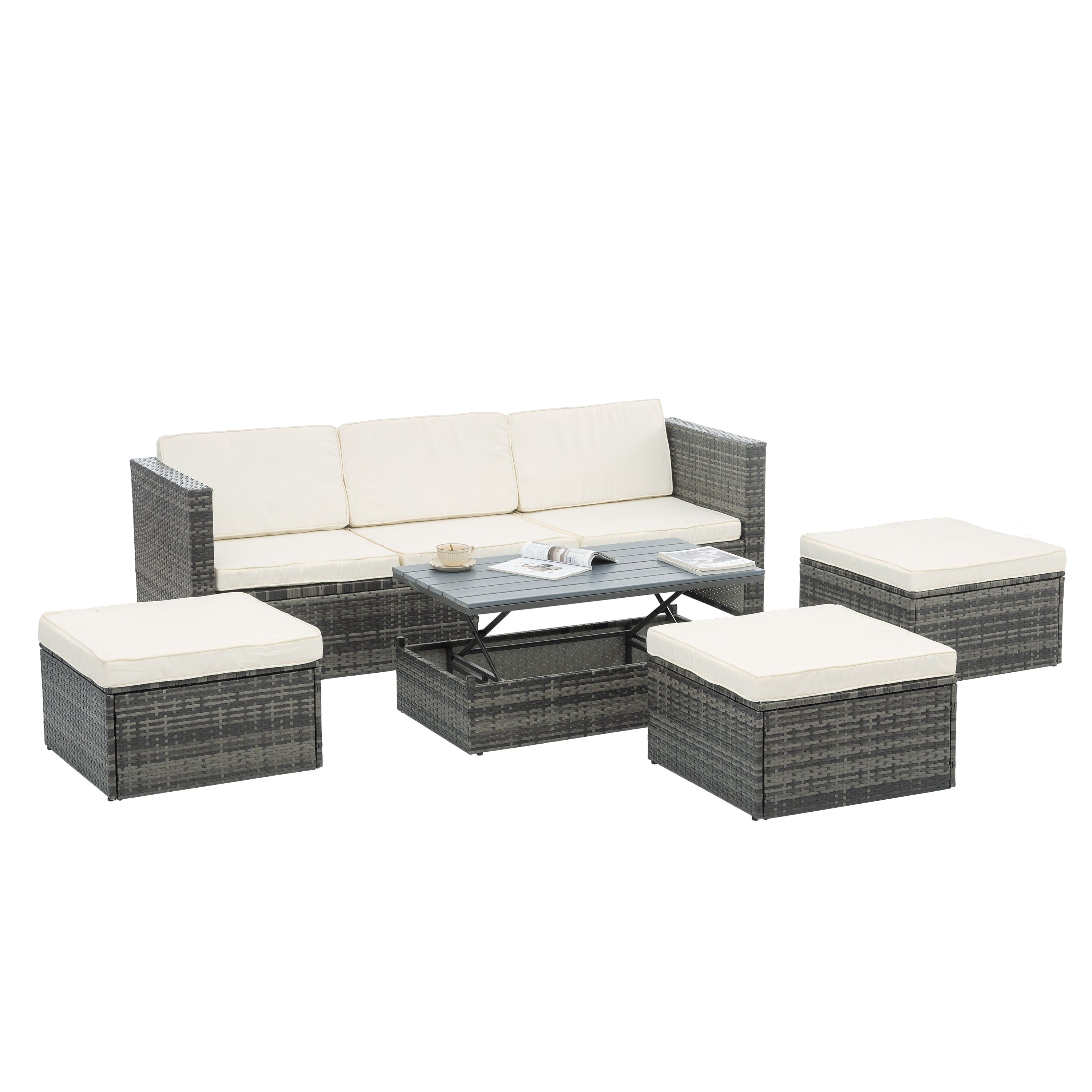 Patio Furniture, Outdoor Furniture, Seasonal PE Wicker Furniture,5 Set Wicker Furniture With Plywood Coffee Table,with lift TOP Coffee Table,with Lounger Sofa