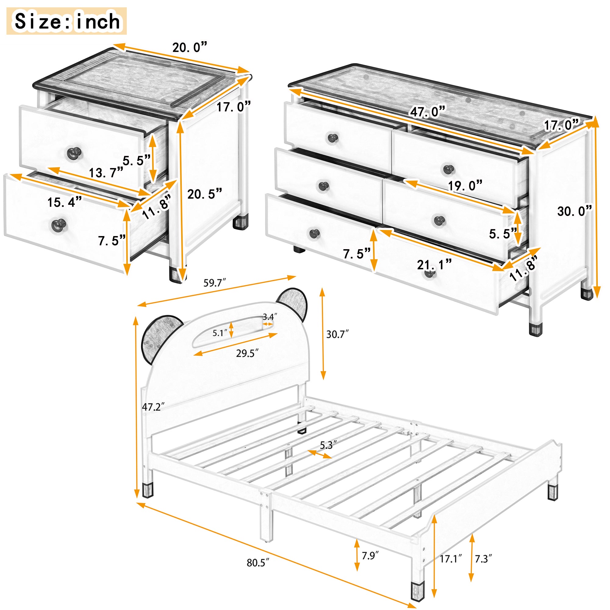 3-Pieces Bedroom Sets Full Size Bear-Shape Platform Bed with Nightstand and Storage dresser,Cream+Walnut