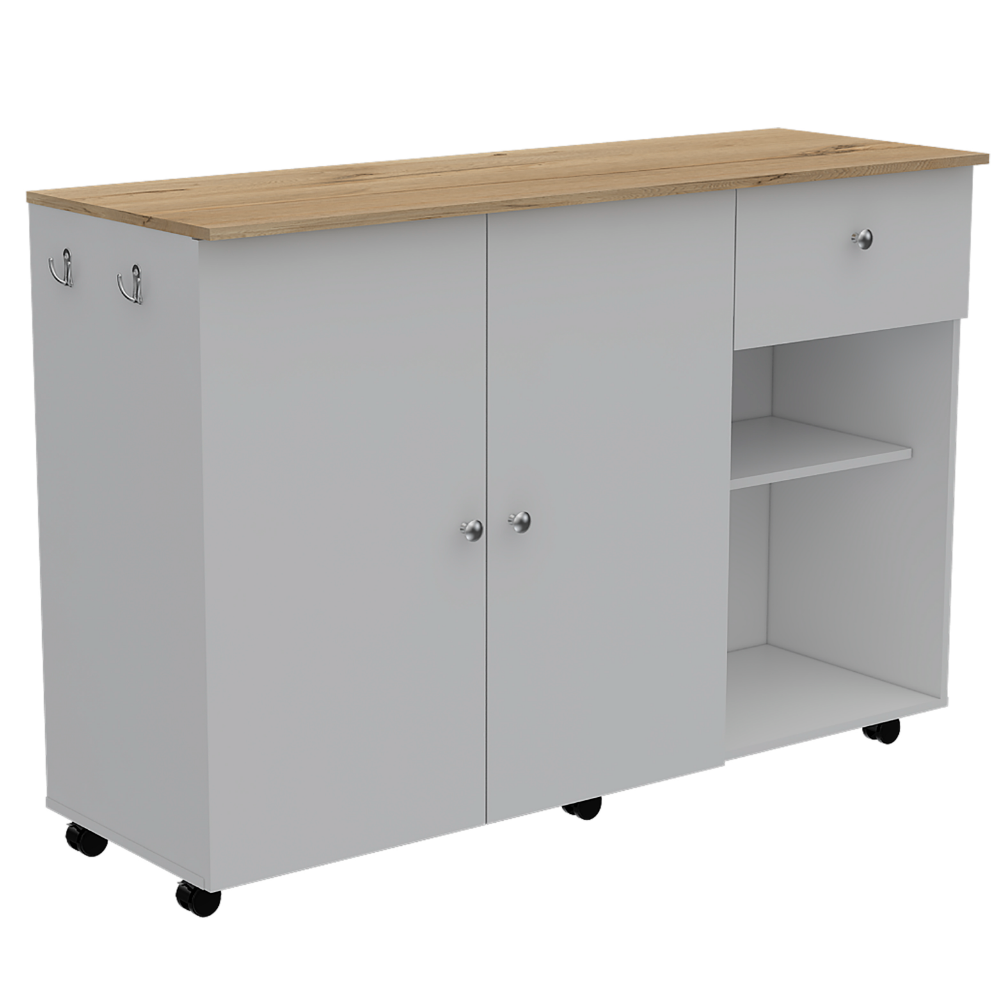 Kitchen Island Cart Victoria, Four Interior Shelves, Six Carters, One Drawer, Double Door Cabinet -White / Light Oak