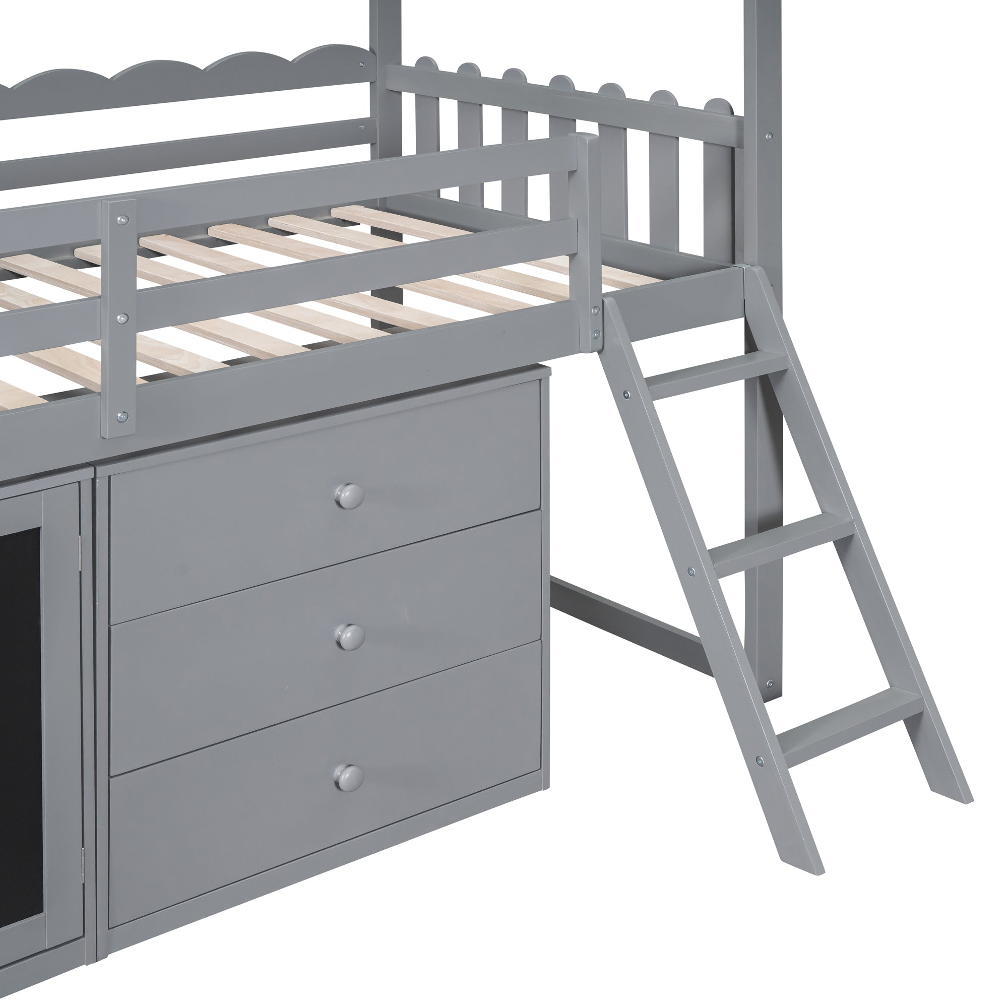 Twin Size House Bed With Cabinet and Drawers, Gray