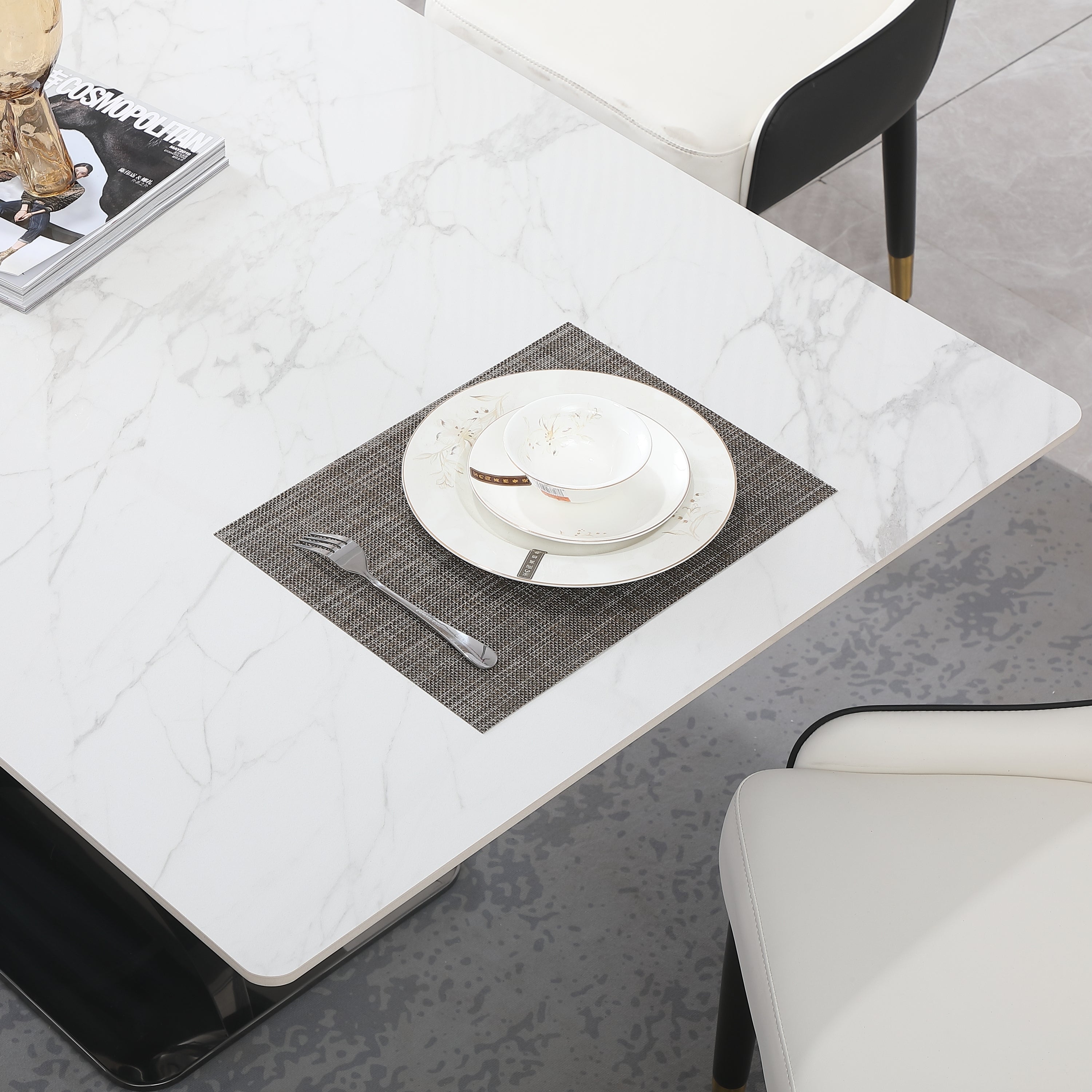 71-Inch Stone DiningTable with Carrara White color and Striped Pedestal Base