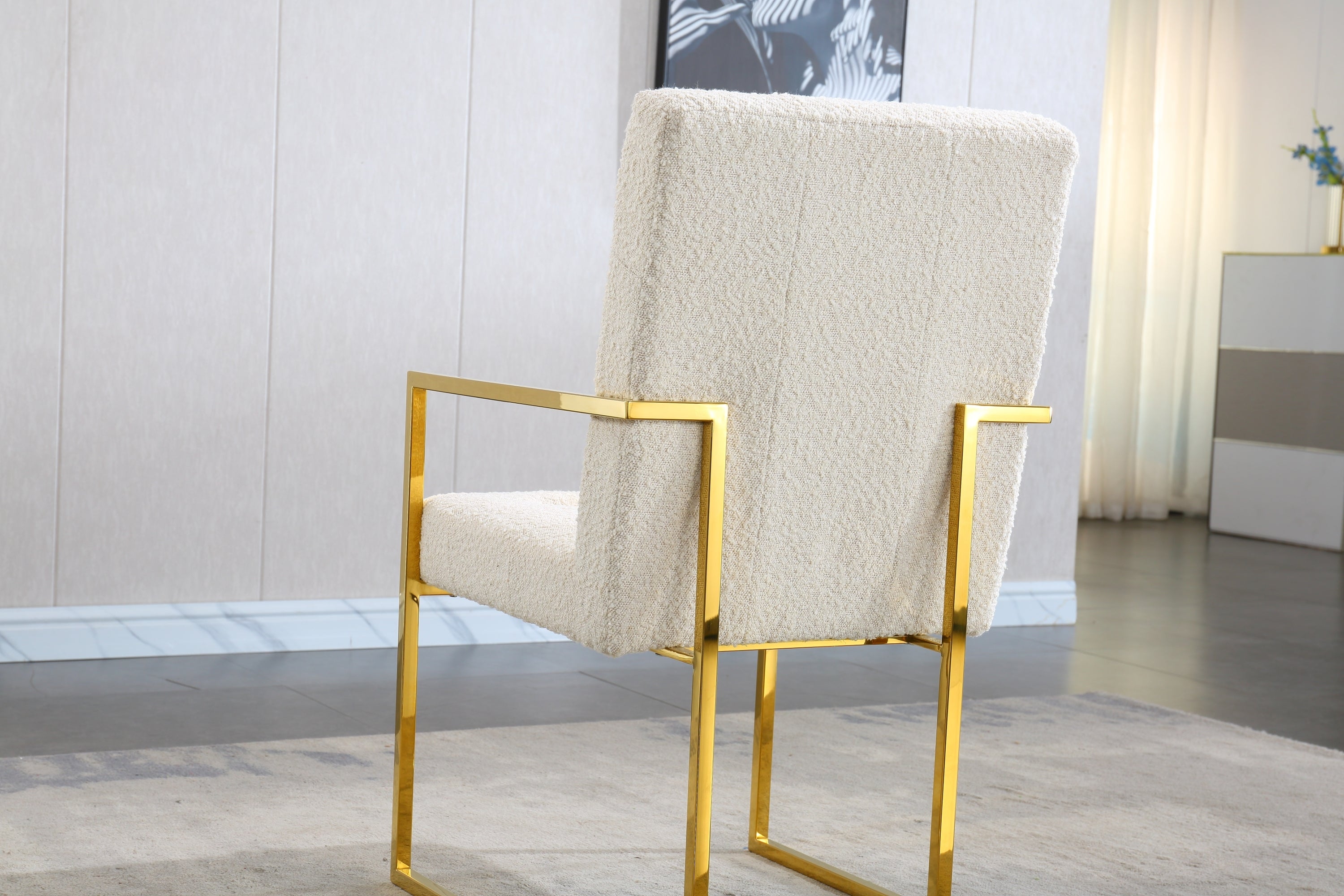 Modern Linen Dining Arm Chair Set of 1, Tufted Design and Gold Finish Stainless Base