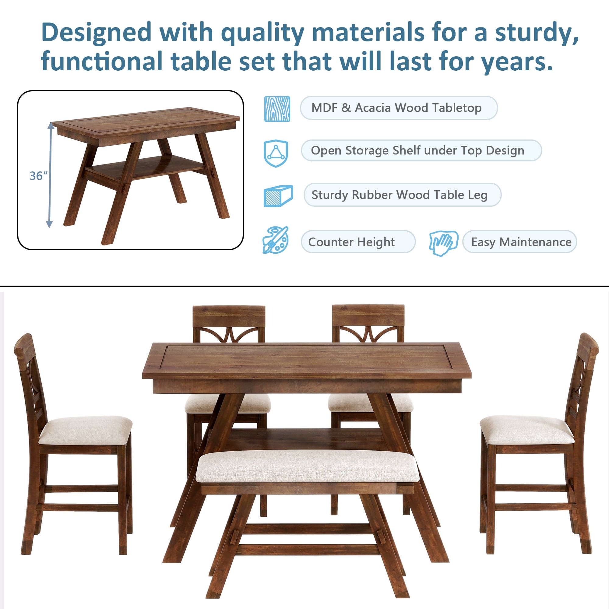 TOPMAX 6-Piece Wood Counter Height Dining Table Set with Storage Shelf, Kitchen Table Set with Bench and 4 Chairs,Rustic Style, Walnut+Beige Cushion