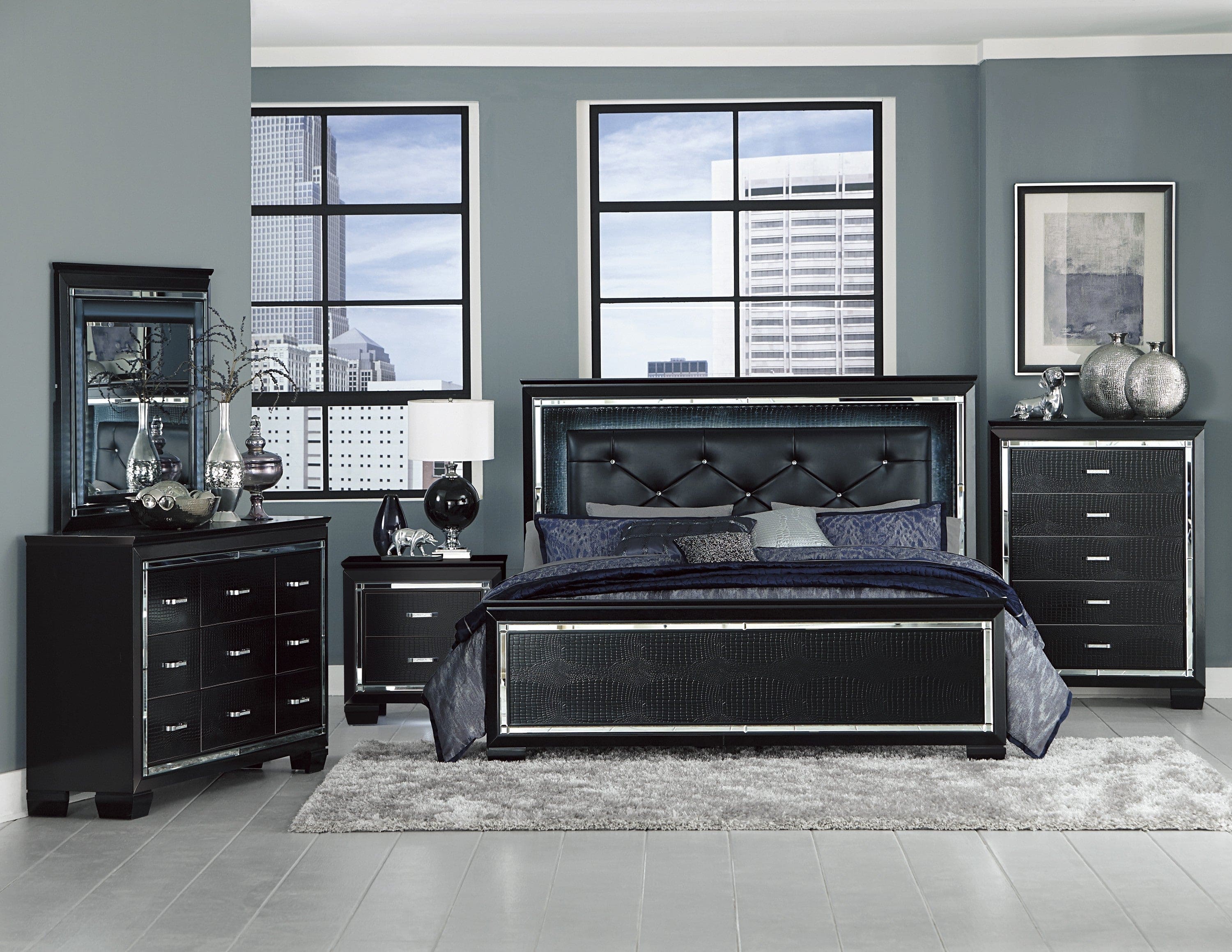 Black Finish Dresser Bold Desing 9 Drawers Glamorous Faux-Alligator Textured Fronts Wooden Bedroom Furniture